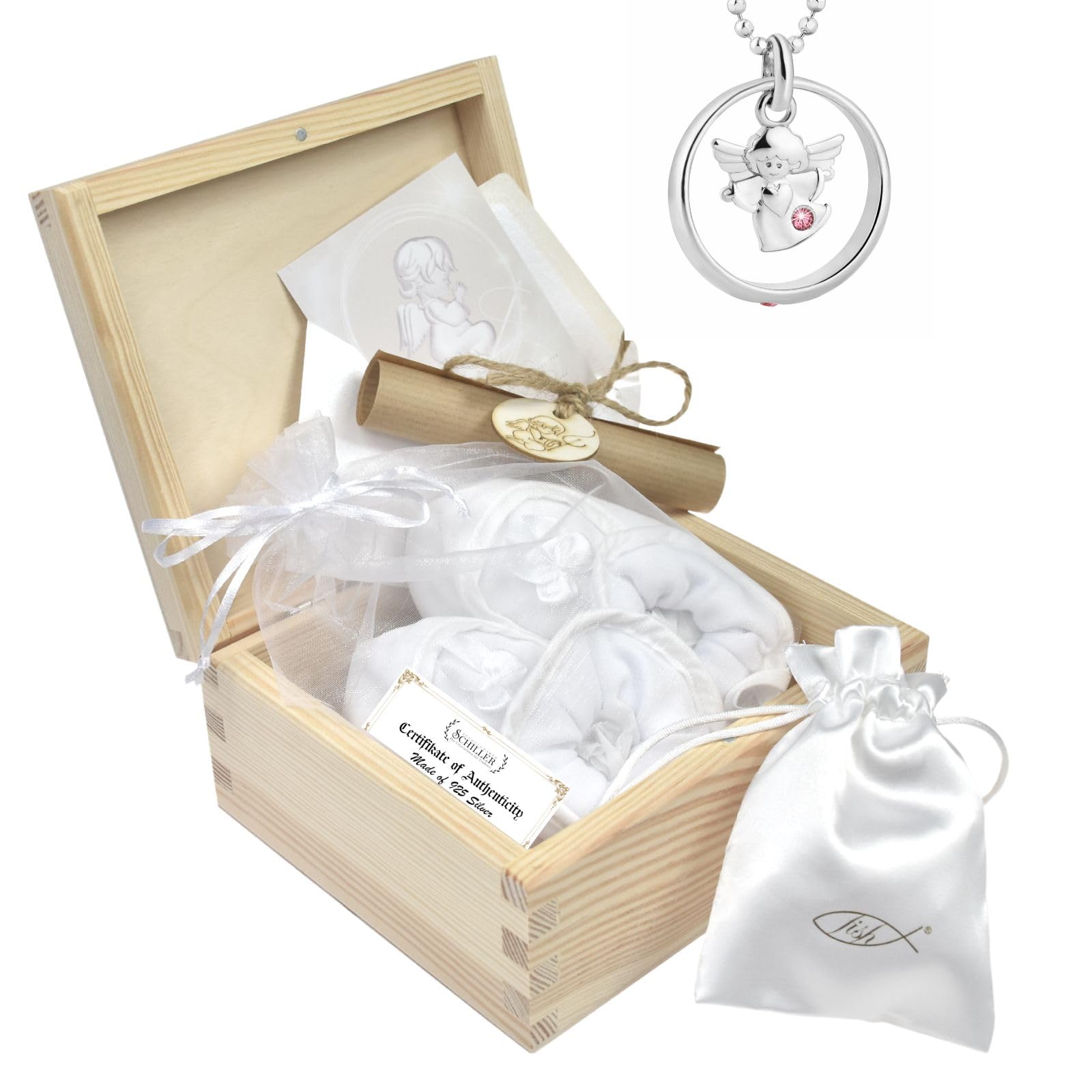 fish Handcrafted Baptism Necklace Set including Angel Pendant And Pink Crystal, Mittel