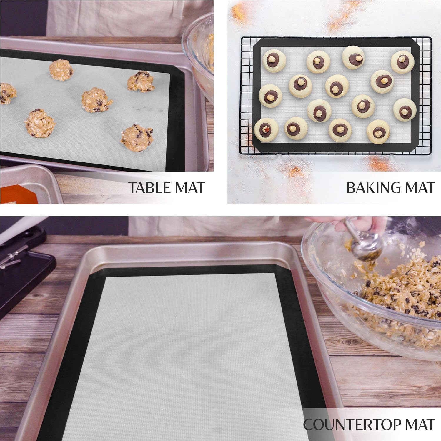 Extra große Silikon-Backmatte (71,1 x 50,8 cm) mit Messanzeigen, rutschfeste Oberfläche und Gebäckmatte zum Teigrollen – perfekt zum Erstellen von Keksen, Macarons und Brot – 2 Stück