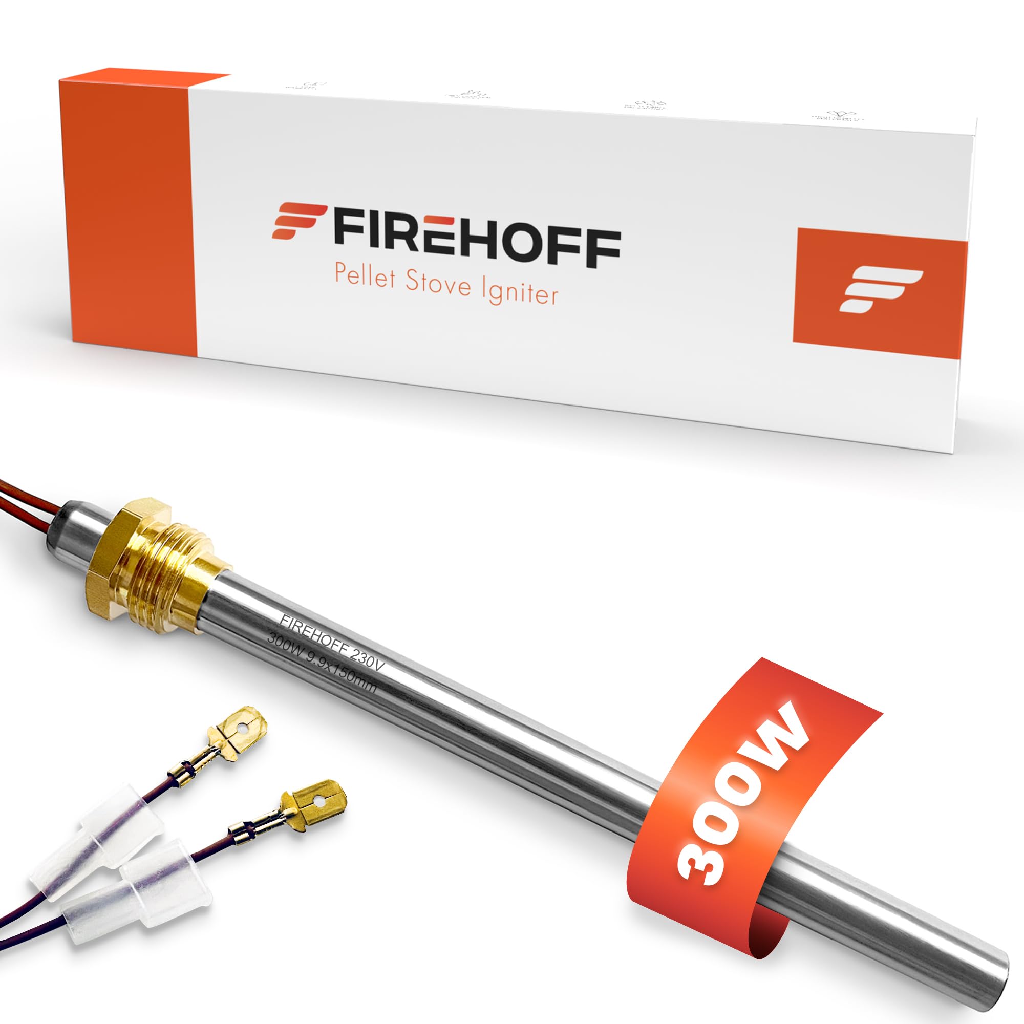 FIREHOFF Candela di accensione per stufa a pellet, 300 W, 140/150 mm, diametro 9,9 mm, filettatura 3/8 con capicorda - garanzia 1 anno (nuovo modello)