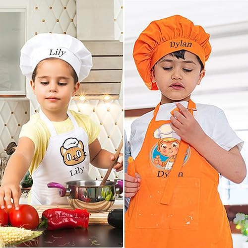 Miniatura 7 de YanNanKe Delantales personalizados para niños, sombrero de chef y delantal con nombre personalizado para niños, delantal para cocinar, hornear,