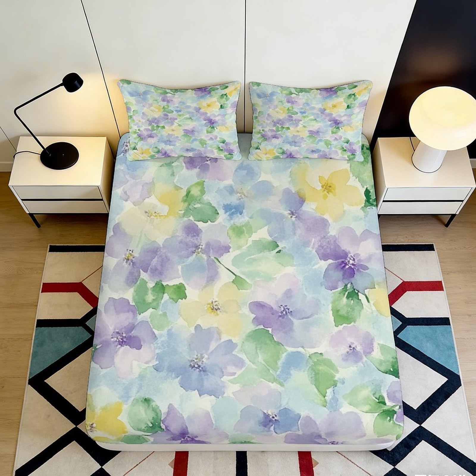 3D Printed Pastel Floral Fitted Sheet Microfiber Soft Breathable Watercolor Flowers Bed Cover for Bedroom Dormitory Guest Room Mattress Protection 180x200x25cm