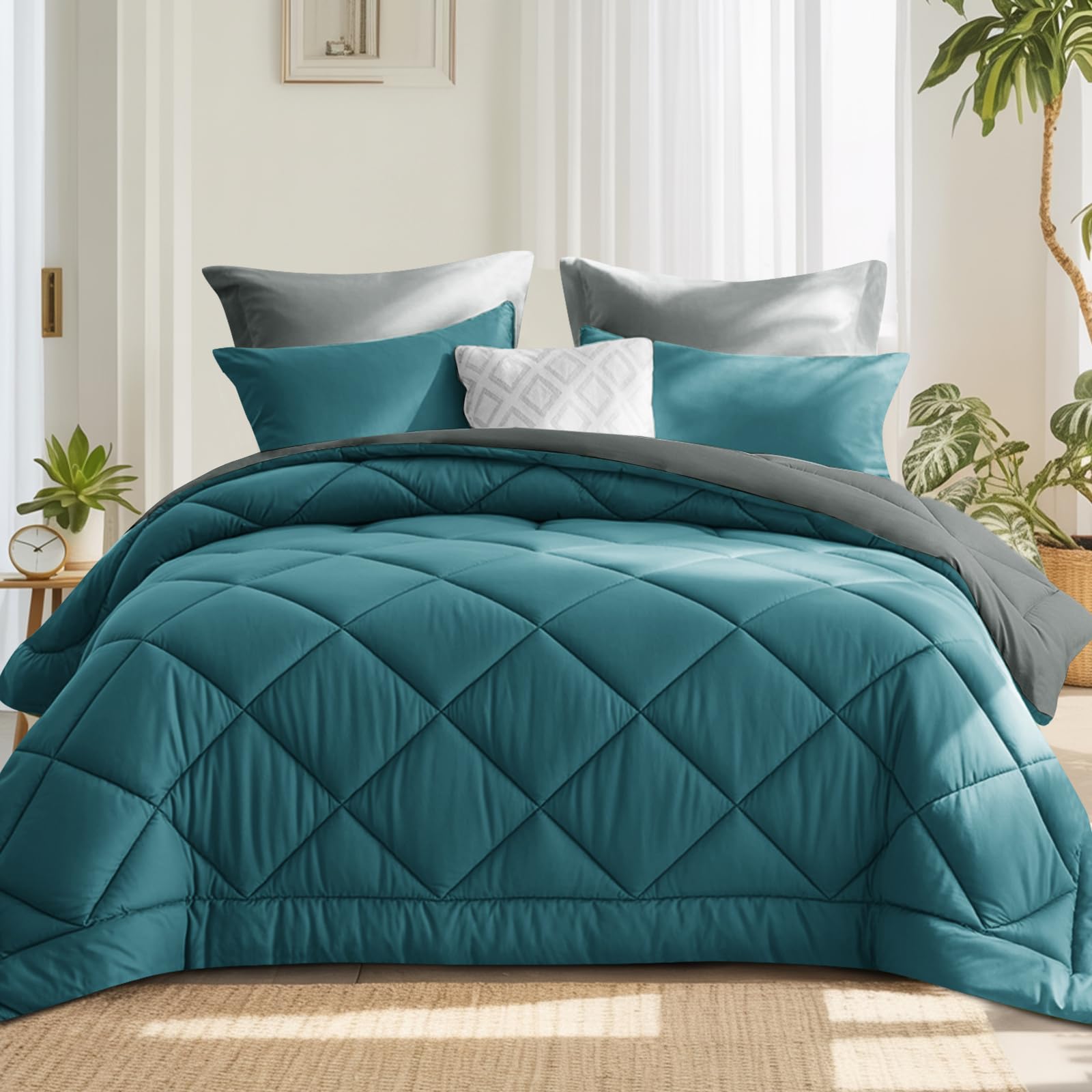 RUIKASI Coverless Duvet Super King Size 10.5 Tog - Reversible Comforter with 2 Pillowcases, 260x220cm Quilt Lightweight and Warm All Season, Teal and Grey — image 1