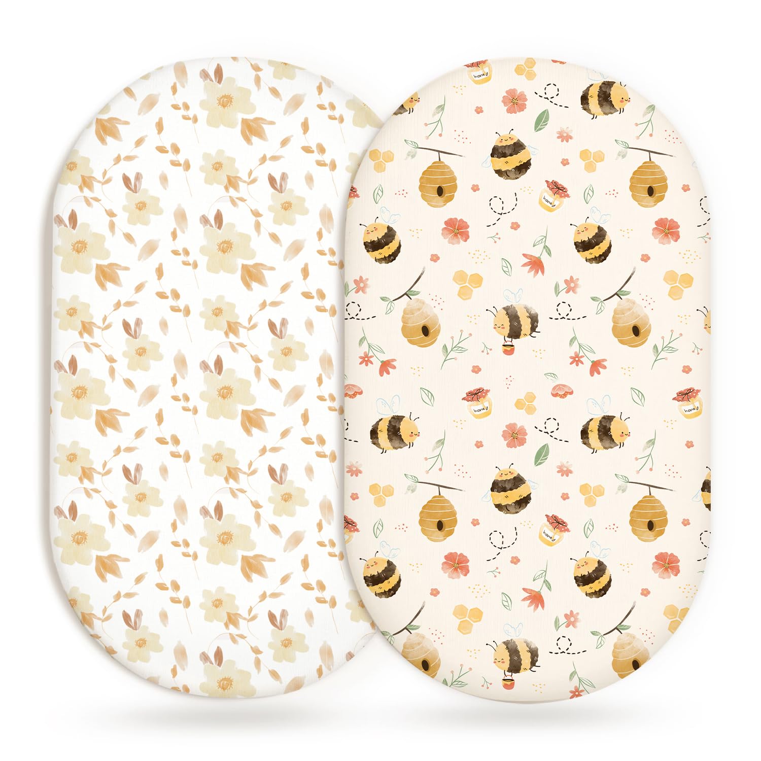 Bassinet Sheets, Fitted Baby Mattress Covers, 33" x 17", Honeybee Dreams