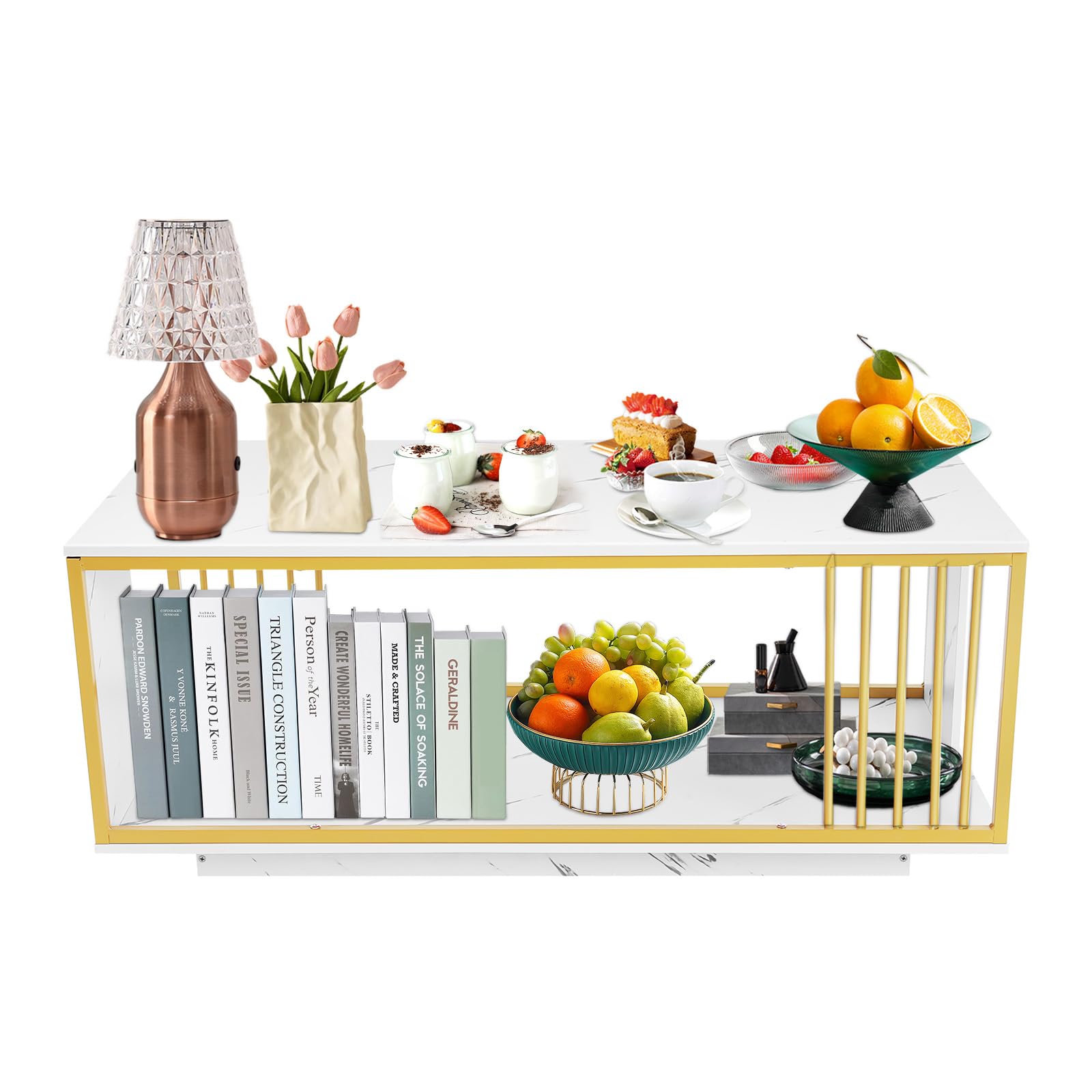 White Gold Coffee Tables, 2-Tier Modern Living Room Coffee Table with Storage, Rectangular Center Table for Home Office Apartment