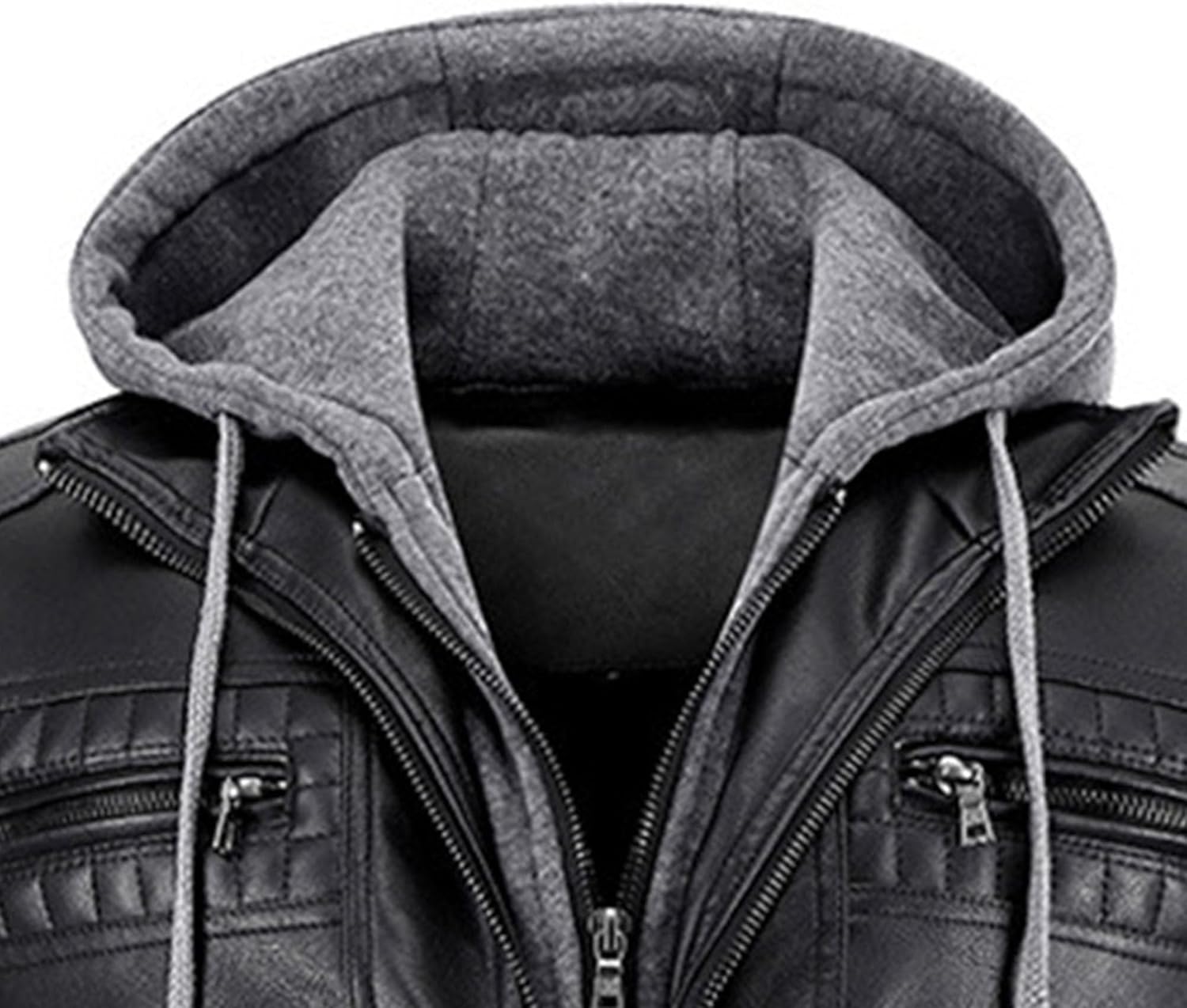 JEsilunmaMY Men's Stand Collar Faux Leather Jacket Motorcycle Bomber Jackets with Removable Hood Casual Warm Winter Coat