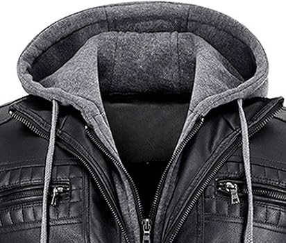 Men's Faux Leather Hood Jacket PU Motorcycle Vintage Winter