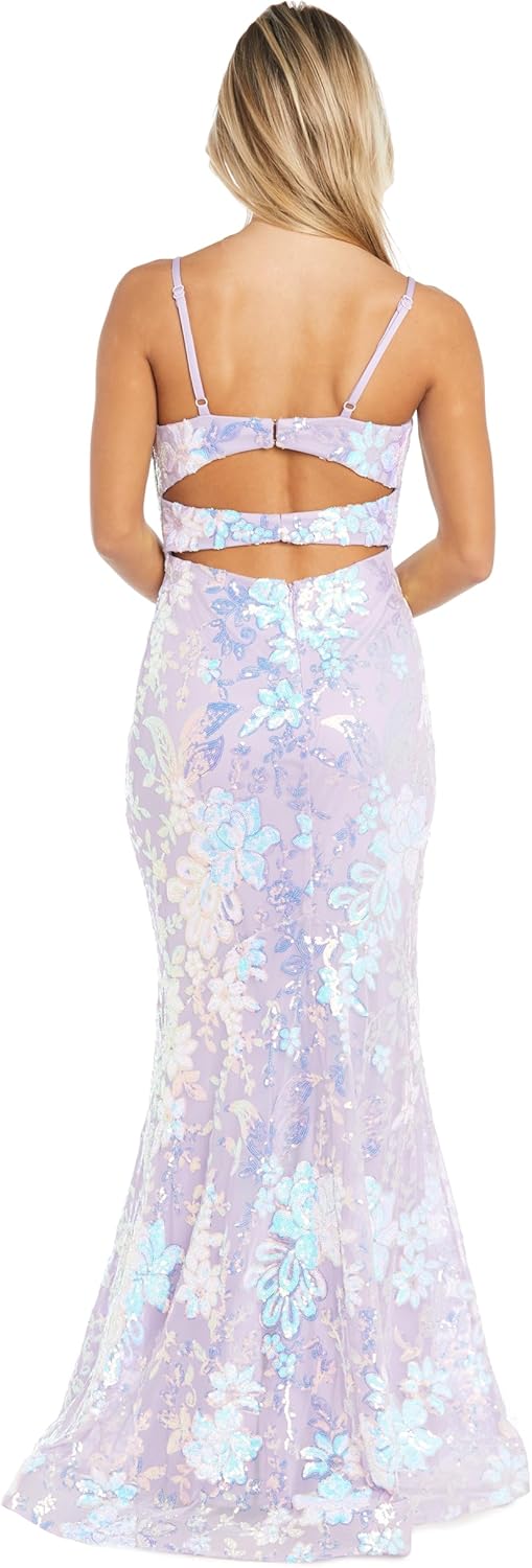 Long Floral Patterned Sequin Prom Dress W/Spaghetti Straps, Cut Out Back & Trumpet Hemline - Image 3