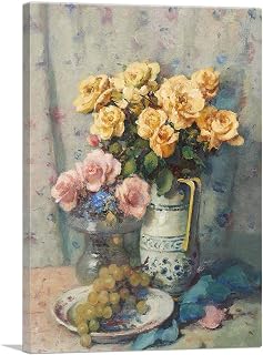 ARTCANVAS Still Life With Roses And Grapes Canvas Art Print Stretched Framed Painting Picture Poster Giclee Wall Decor by Fernand Toussaint - 26" x 18" (0.75" Deep)
