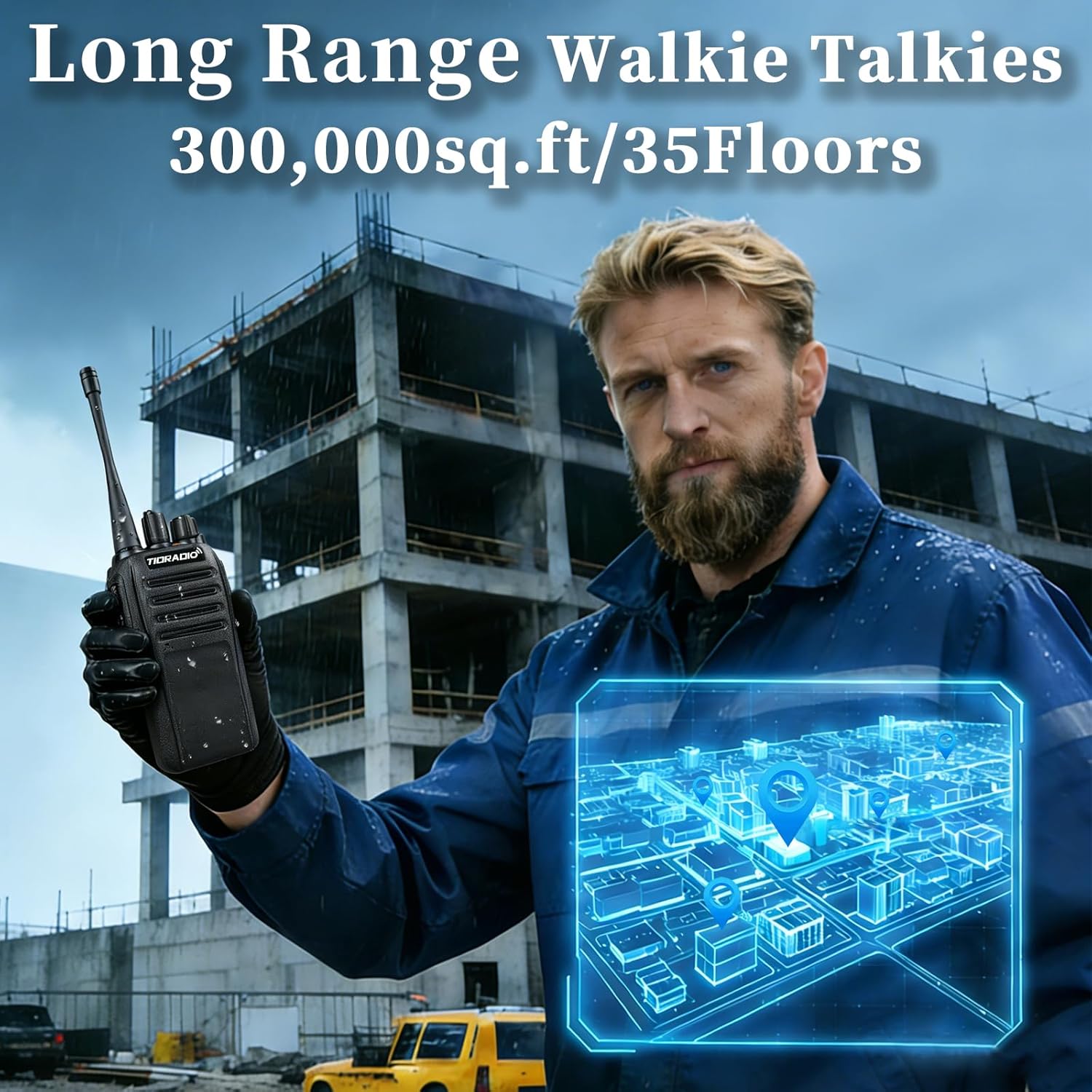 TIDRADIO 10W Heavy Duty Walkie Talkies IP67 Waterproof Two-Way Radios Long Range, Advanced Triple Proof, 2500mAh, 16 Channels, VOX Hand-Free, SOS, Frequency Match, for Buniess,Job site TD-628,4 Pack