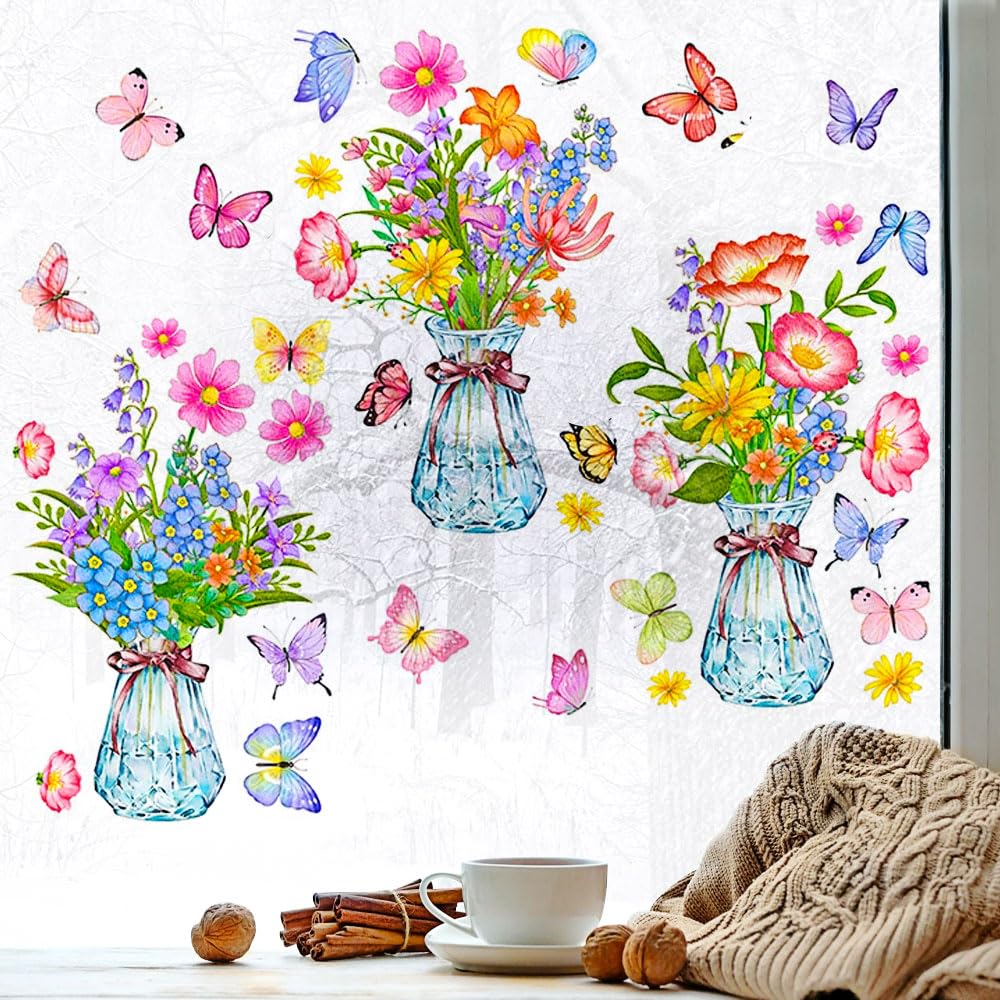 Azlanway Window Stickers, Pack of 3 Flowers Butterflies Window Decals, Double Sided Anti-Collision Static Clings for Windows, Glass, Mirrors Decoration
