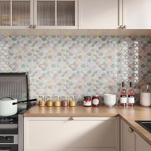 Miniatura 2 de CRE8TIVE 4 hojas de calcomanías para azulejos de escamas de peces de 12 x 12 pulgadas, para pegar en el protector contra salpicaduras para cocina,
