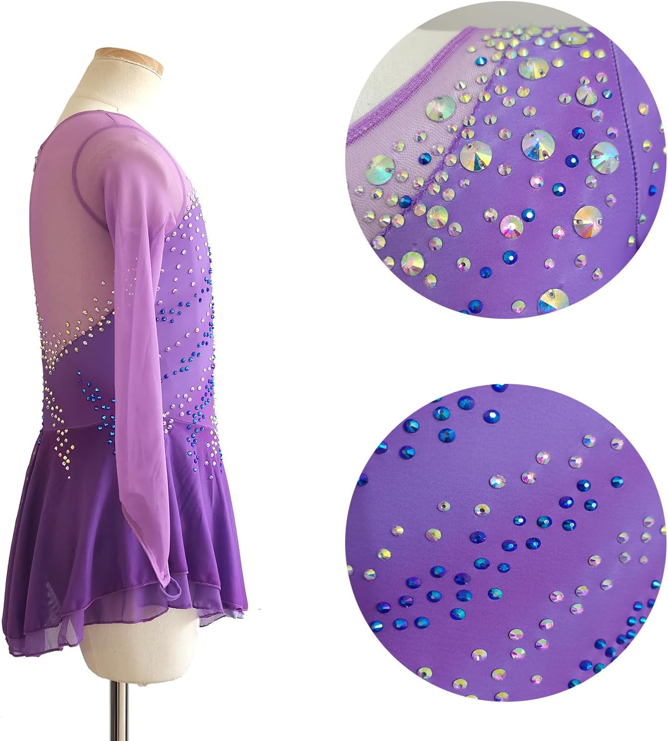 Ice Figure Skating Dress for Girls and Women Blue Long Sleeves Handmade Customized Competition Performation