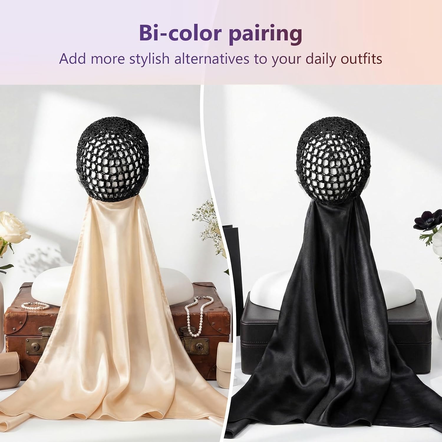 Cuffbow 2 Pcs Wrap Cap Hair Net with Scarf 2 in 1 Hair Wrap Cap Bonnet for Women Shower Hat for Silk Press Curly Braided