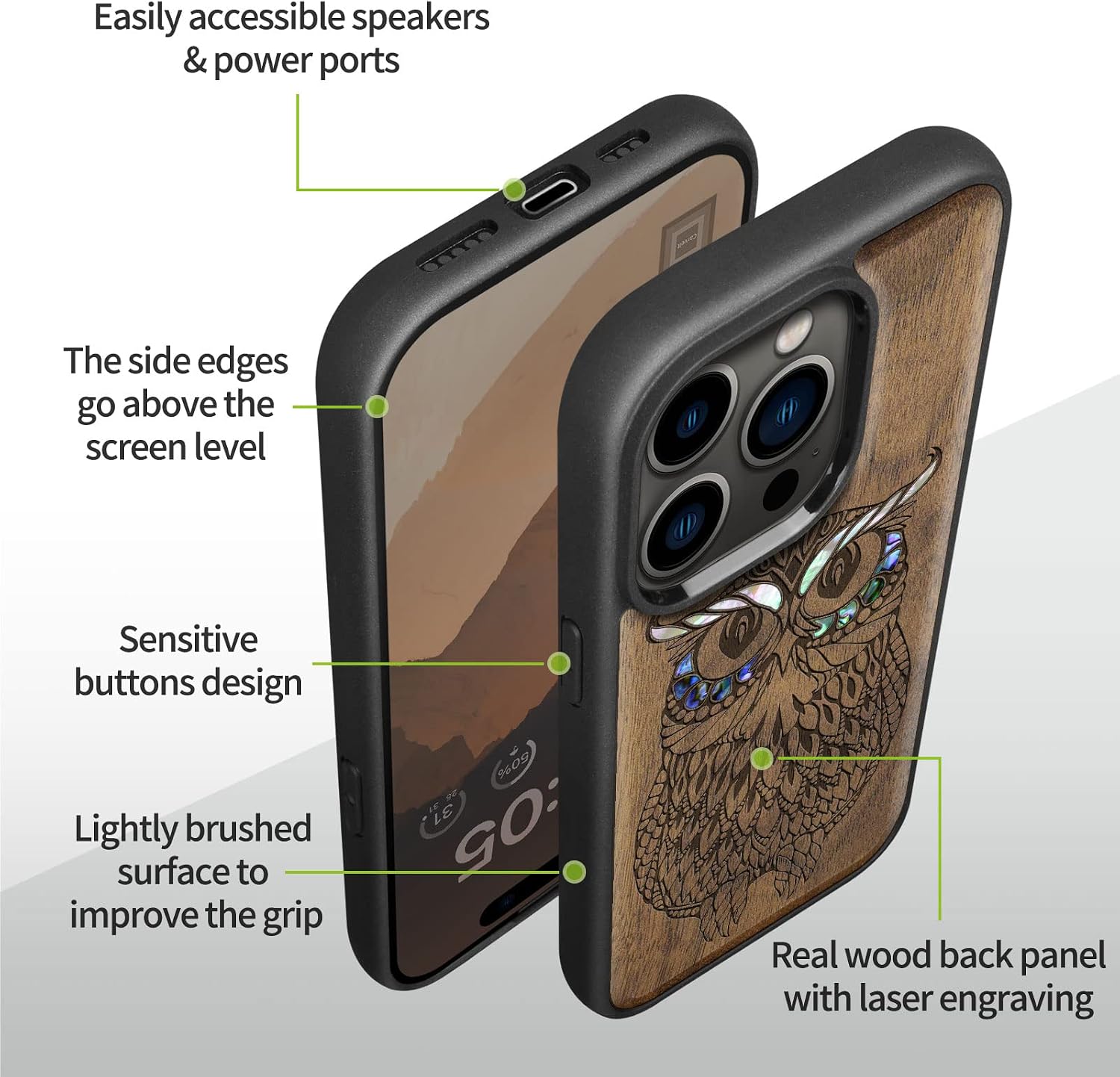 Carveit Designer Wooden Protective Magnetic Case for iPhone 14 Pro Max Case [Wood Engraving & Shell Inlay] Unique Wood Phone Cover Compatible with 14 Pro Max MagSafe 6.7 Inch (Owl-Walnut)