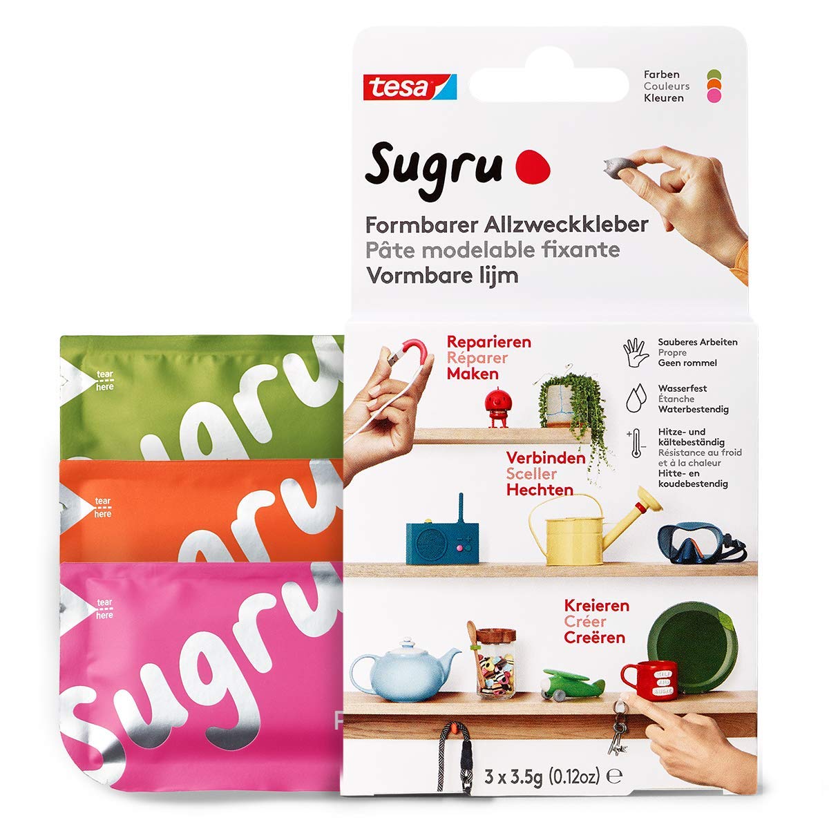 tesa 41234-00001-00 Sugru Malleable, Strong All Purpose Adhesive, 3 Pack (3 x 3.5 g) in Pink, Orange & Green, 3 x 3,5 g