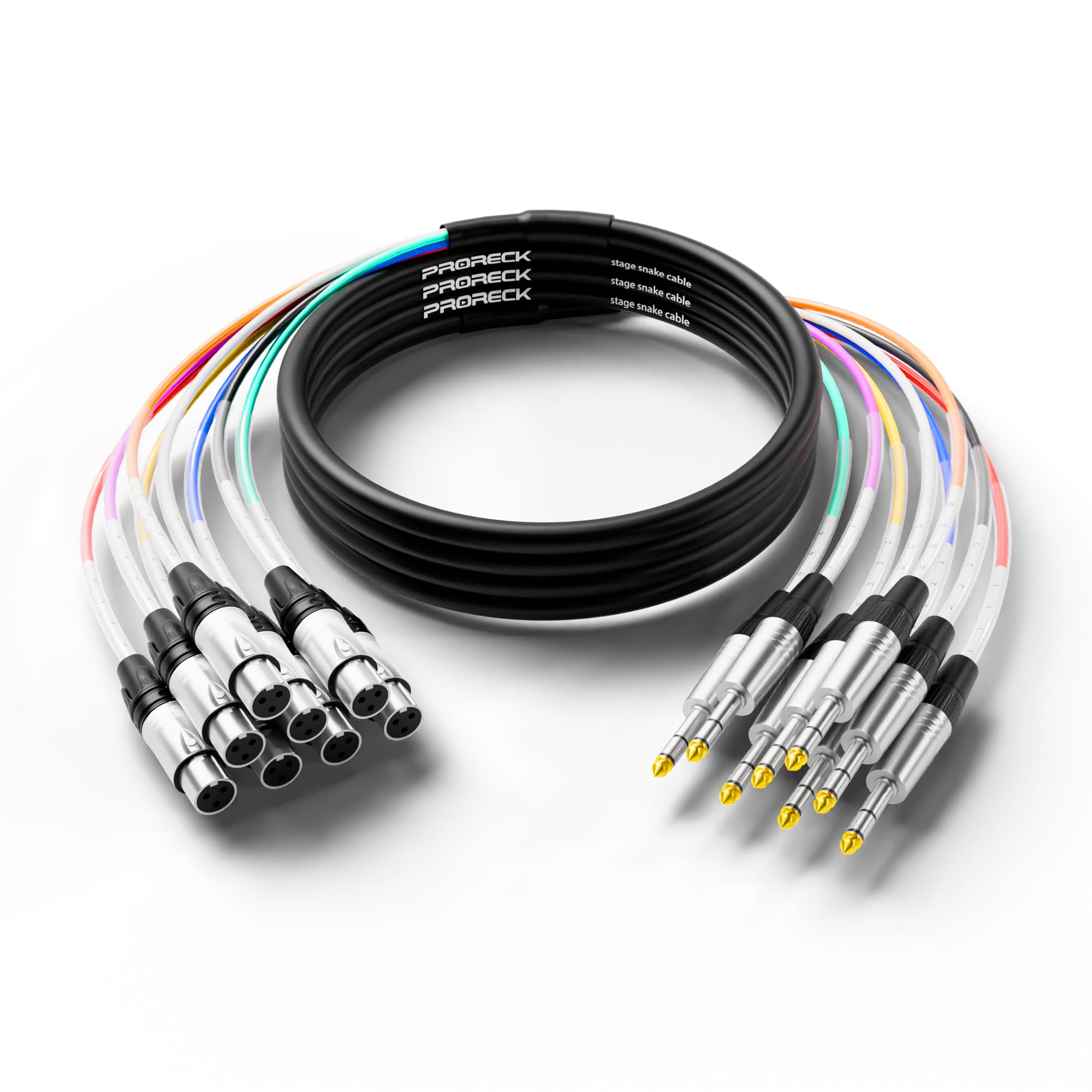 PRORECK Cable de serpiente de 15 pies, cable de audio blindado de 8 canales TRS a XLR hembra, con conectores marcados de color para escenario profesional, estudio y vivo (PR-TRS/XLR-8 x 15F)