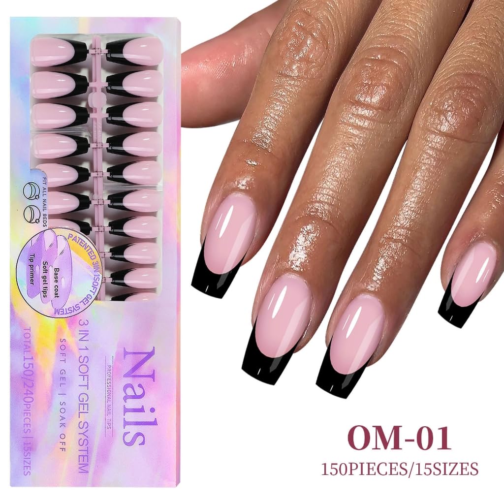 150Pcs Black French Tip Gel Nails Tips Short Coffin Shape Short for Women False Nails 15 Sizes