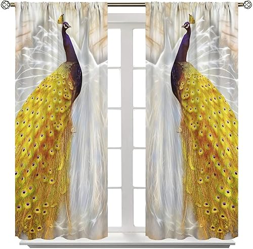 Miniatura 61 de Cortina opaca con estampado de pavo real, con estampado de animales retro, con bolsillo para cortinero y flores de peonía doradas, para dormitorio,