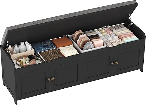 Miniatura 15 de HOMEFORT - Banco de almacenamiento con tapa elevable y acabado de madera, banco con asiento acolchado para almacenar zapatos, para pasillo,