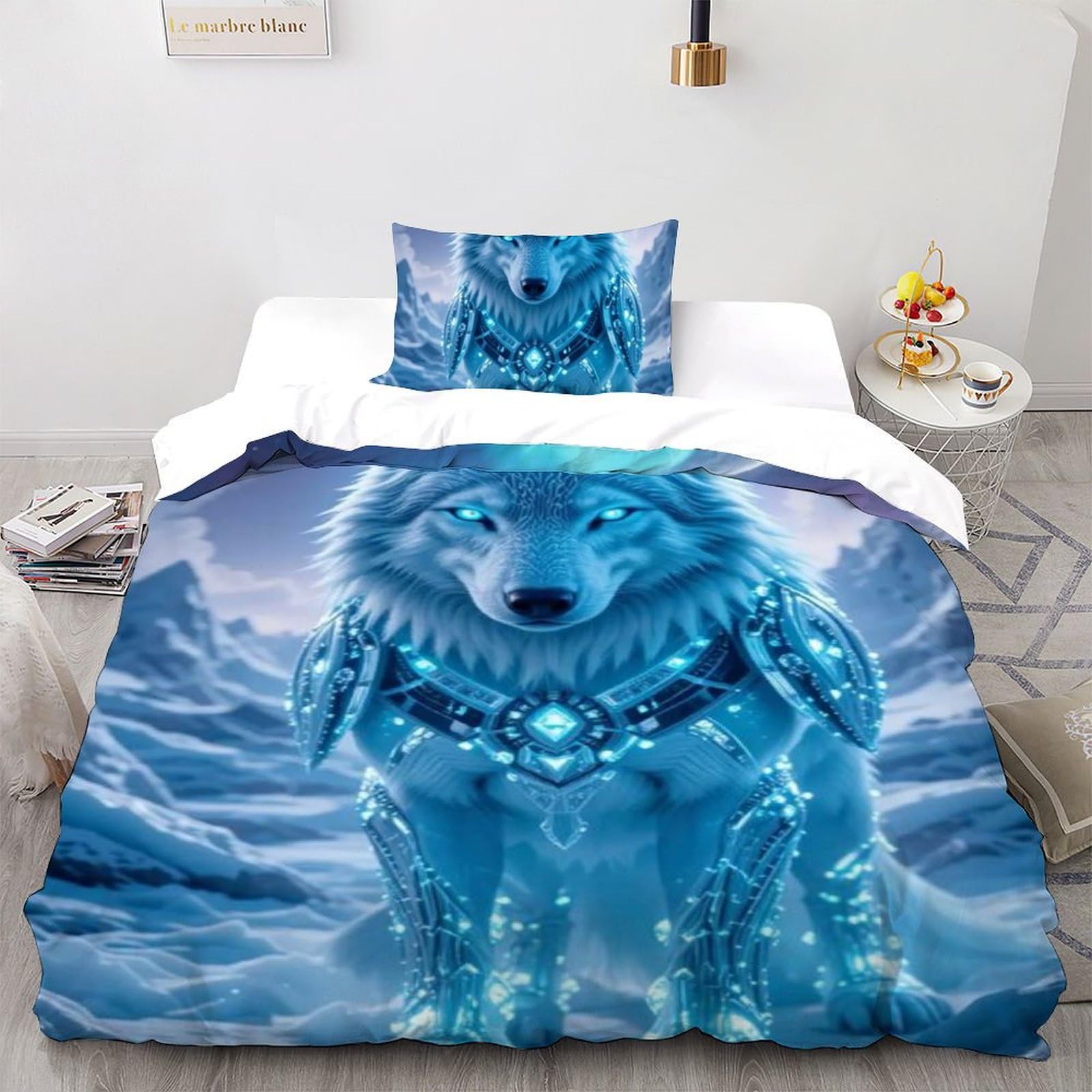 Housse de couette loup imprimé 3D en microfibre douce avec fermeture éclair pratique 135x200cm
