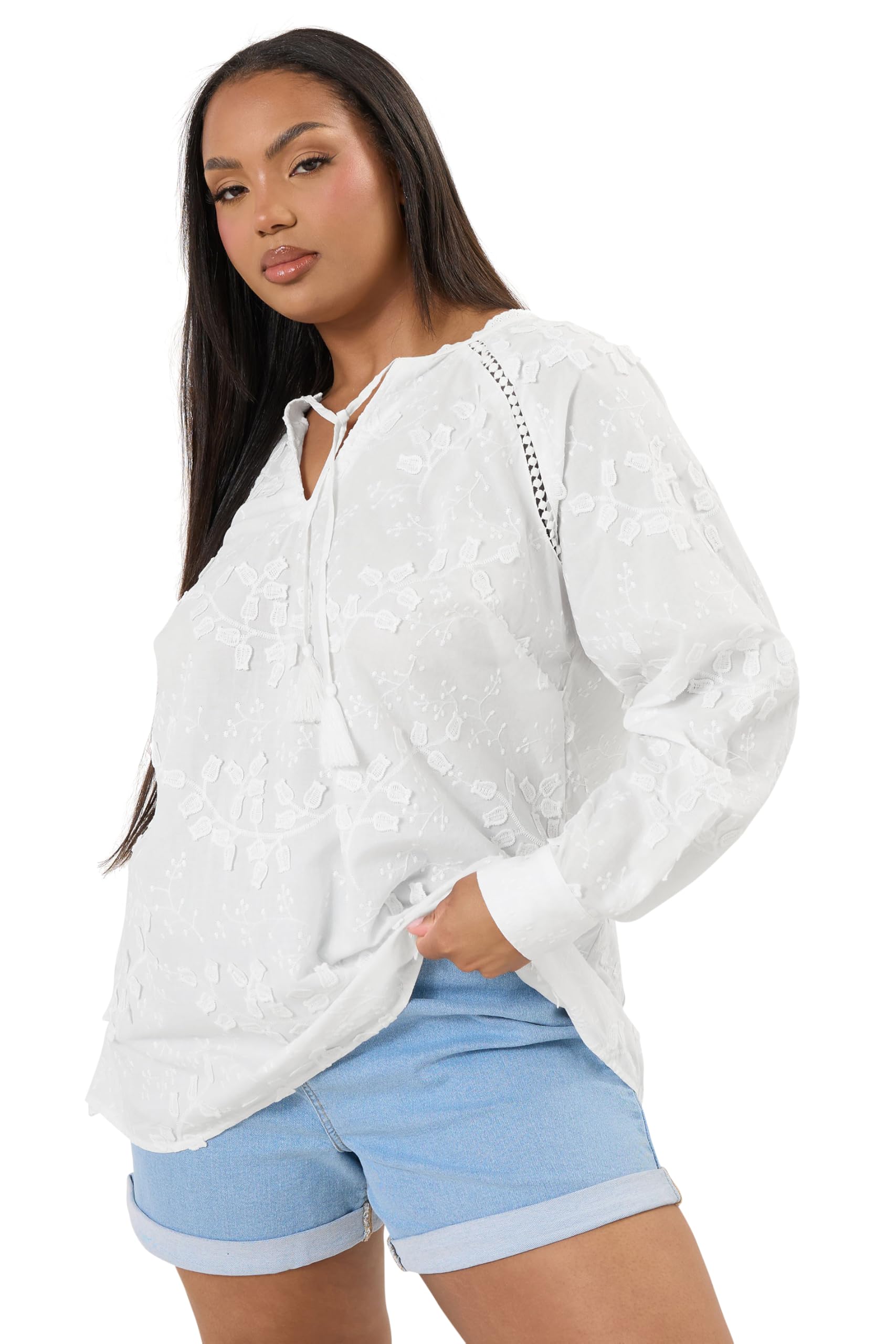 Yours Women's White Curve Floral Embroidered Tie Neck Blouse - Plus Size Curve