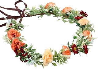 KorViSHOW Orange Boho Floral Crown Headband for Women Girls - Fairy Flower Headpiece with White Green Leaves for Weddings Festivals Photoshoots