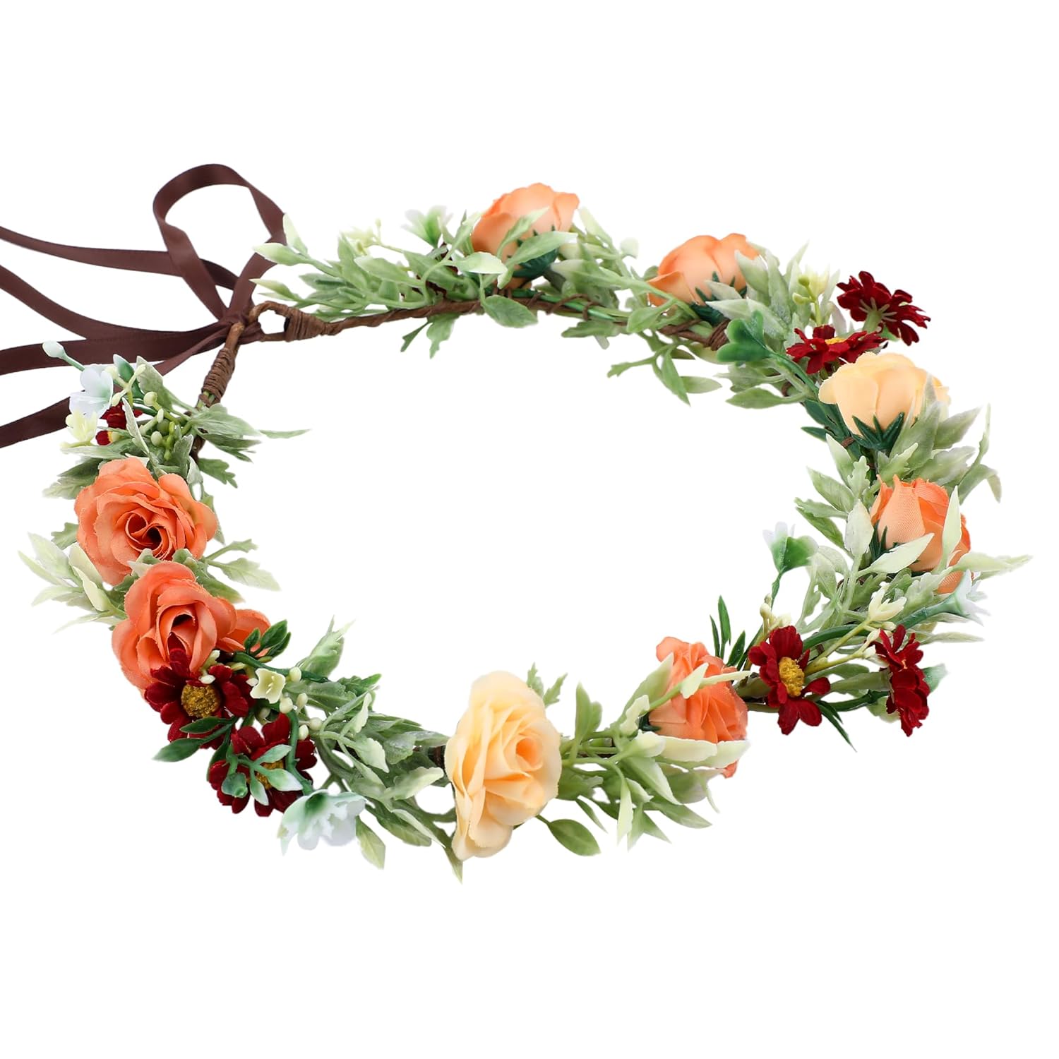 KorViSHOW Orange Boho Floral Crown Headband for Women Girls - Fairy Flower Headpiece with White Green Leaves for Weddings Festivals Photoshoots