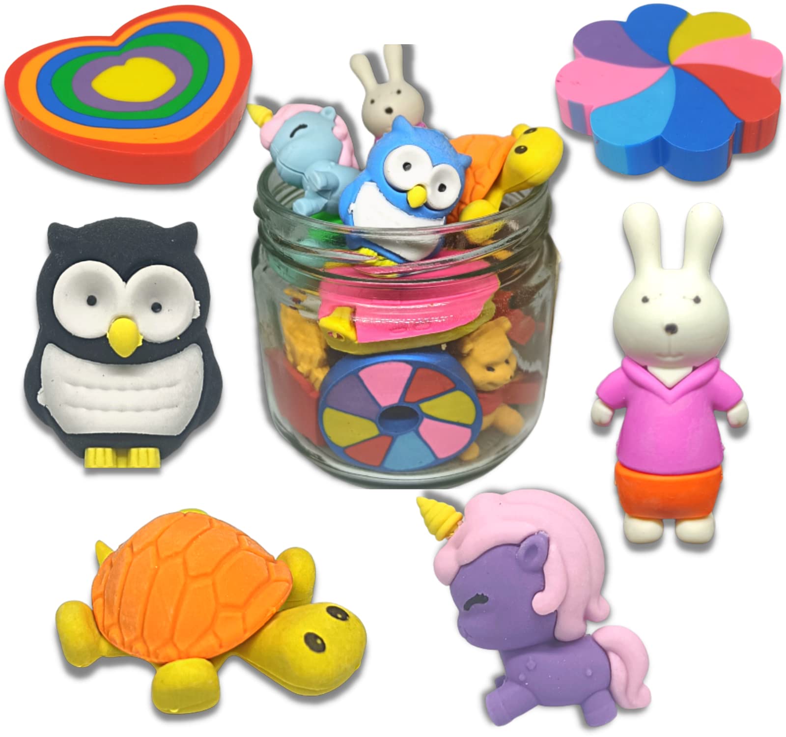 BigBroErasers for Kids Fancy Cute with Animal Cartoon Shape Pencil Eraser Rubber School Stationery for Girls Boys Birthday Return Gift for Children (Set of 6 in a Jar Plus 1 Sharpener)