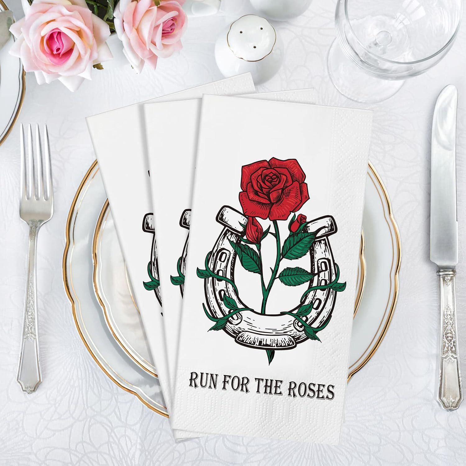 Funrous 100 Pieces Run for the Roses Napkins Bulk 3 Ply Derby Napkins Rose Horseshoe Disposable Dinner Paper Hand Towels for Horse Race Rose Derby Party Decorations Supplies, 15.75 x 13 Inch