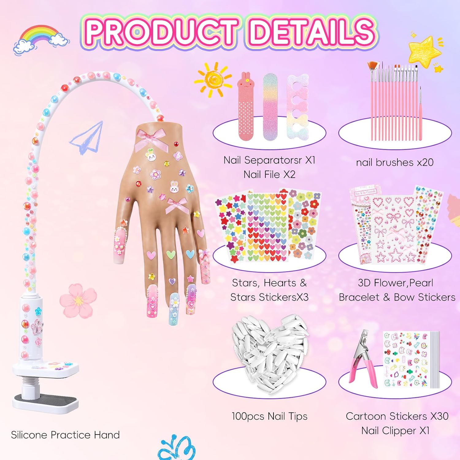 Nail Practice Hand Kit for Girls- Nail Art Set with Nail Stickers for Kids