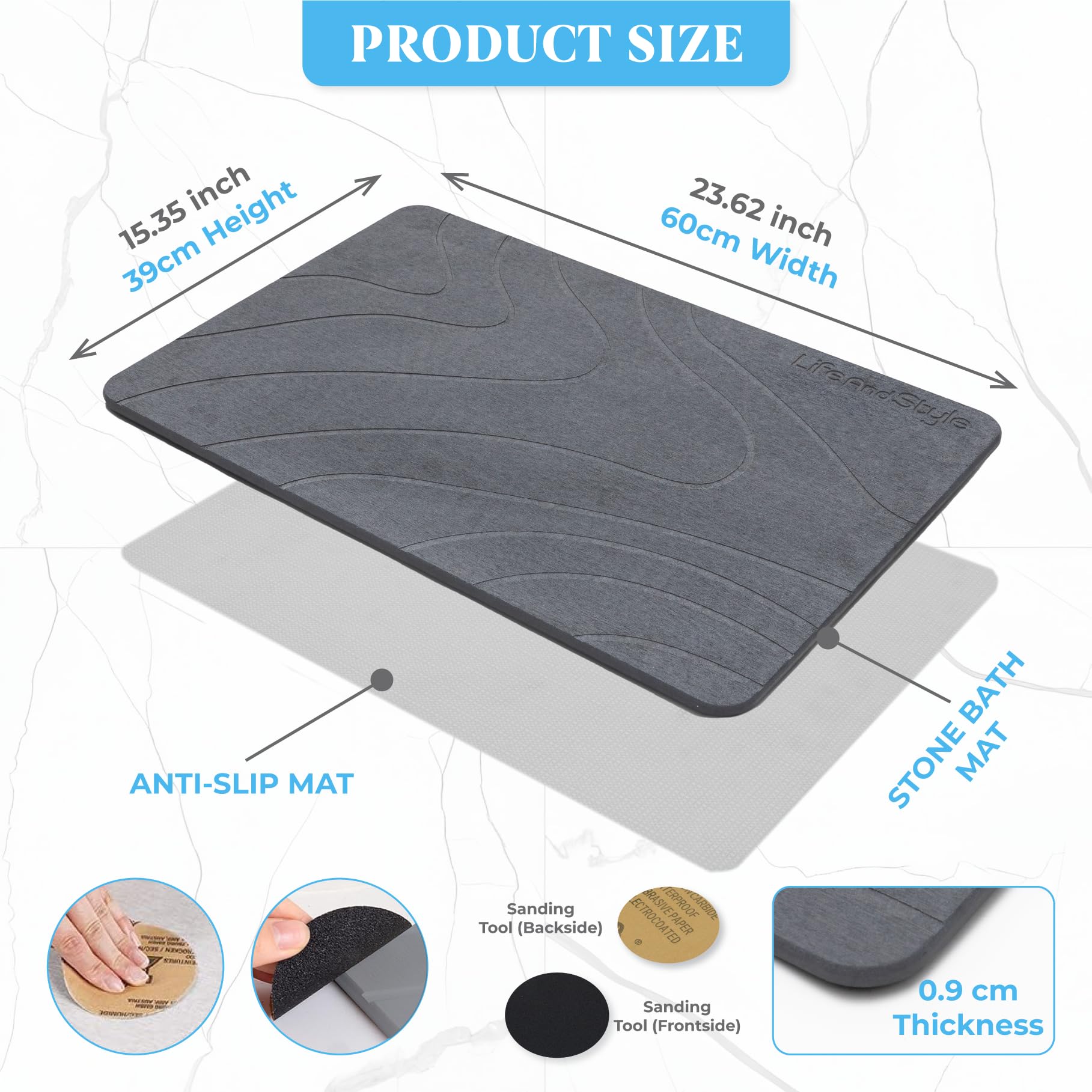 Life And Style 2 Pack Stone Bath Mat Diatomaceous Earth Shower Mat - Grey Wave Design Non Slip Super Absorbent Diatomite Stone Mats for Bathroom Floor Quick-Drying Easy to Clean (24 x 16 Inch)