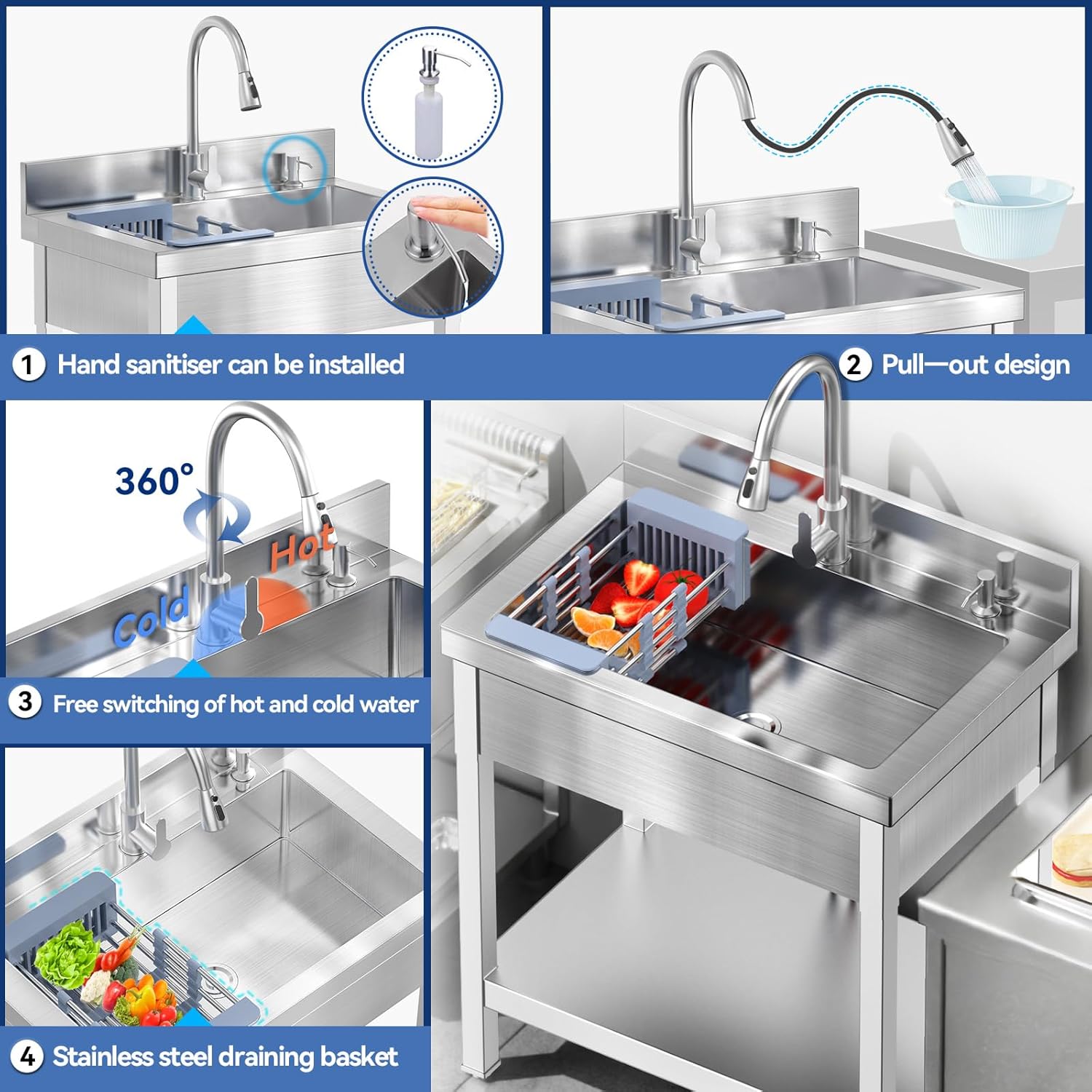 Stainless Steel Utility Sink, Commercial Kitchen Single Bowl Sink with Cold and Hot Water Faucet,Hoses and Drain Kit,Complete Base Plate,Stainless Utility Sink for Kitchens, Bathrooms, Laundry Room