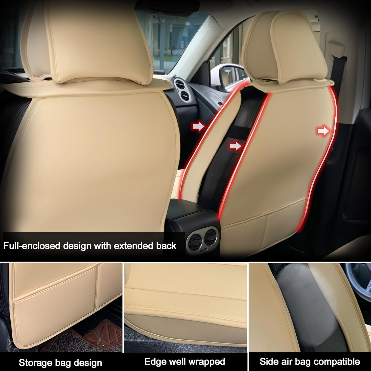 IKON MOTORSPORTS, Full Set Car Seat Covers Compatible with 2008-2023 Toyota Tundra Double & CrewMax Cab Pickup, PU Leather Driver Seat Cover Cushion Protectors, Beige
