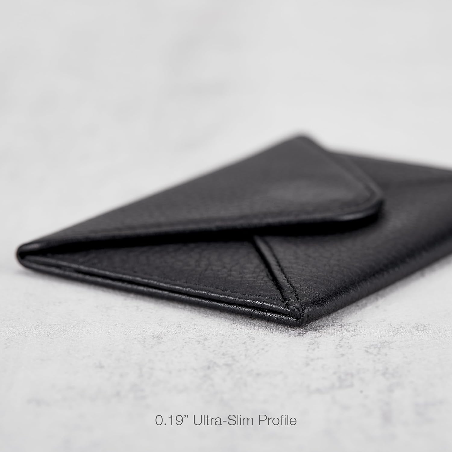 HISCOW Italian Pebbled Leather Business Card Holder, Minimalist Full Grain Envelope Card Case with Hidden Magnetic Closure, 0.19 Inch Slim Front Pocket Wallet for Men and Women, Nero Black