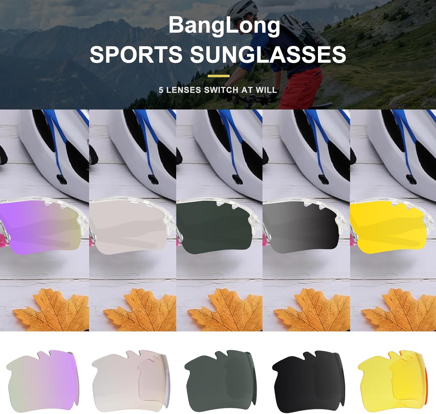 BangLong Polarized Sports Sunglasses Cycling Sun Glasses for Men Women with 5 Interchangeable Lenes for Running Driving