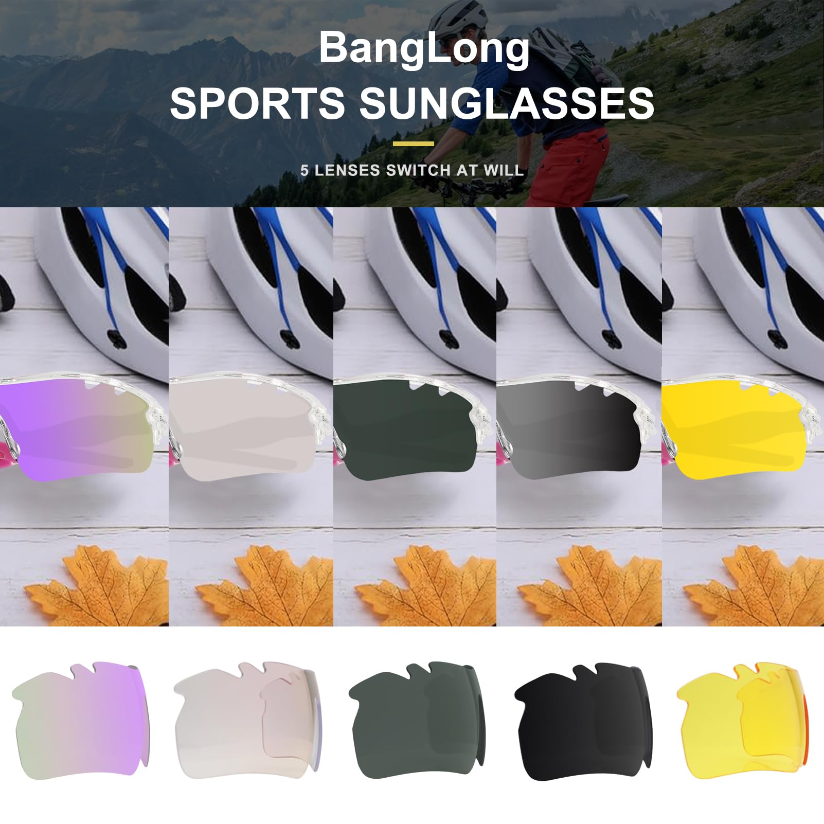 BangLong Gafas de ciclismo con 5 lentes intercambiables, protección UV400, polarizadas, TR90, ultraligeras, ideales para ciclismo, correr, béisbol, pesca