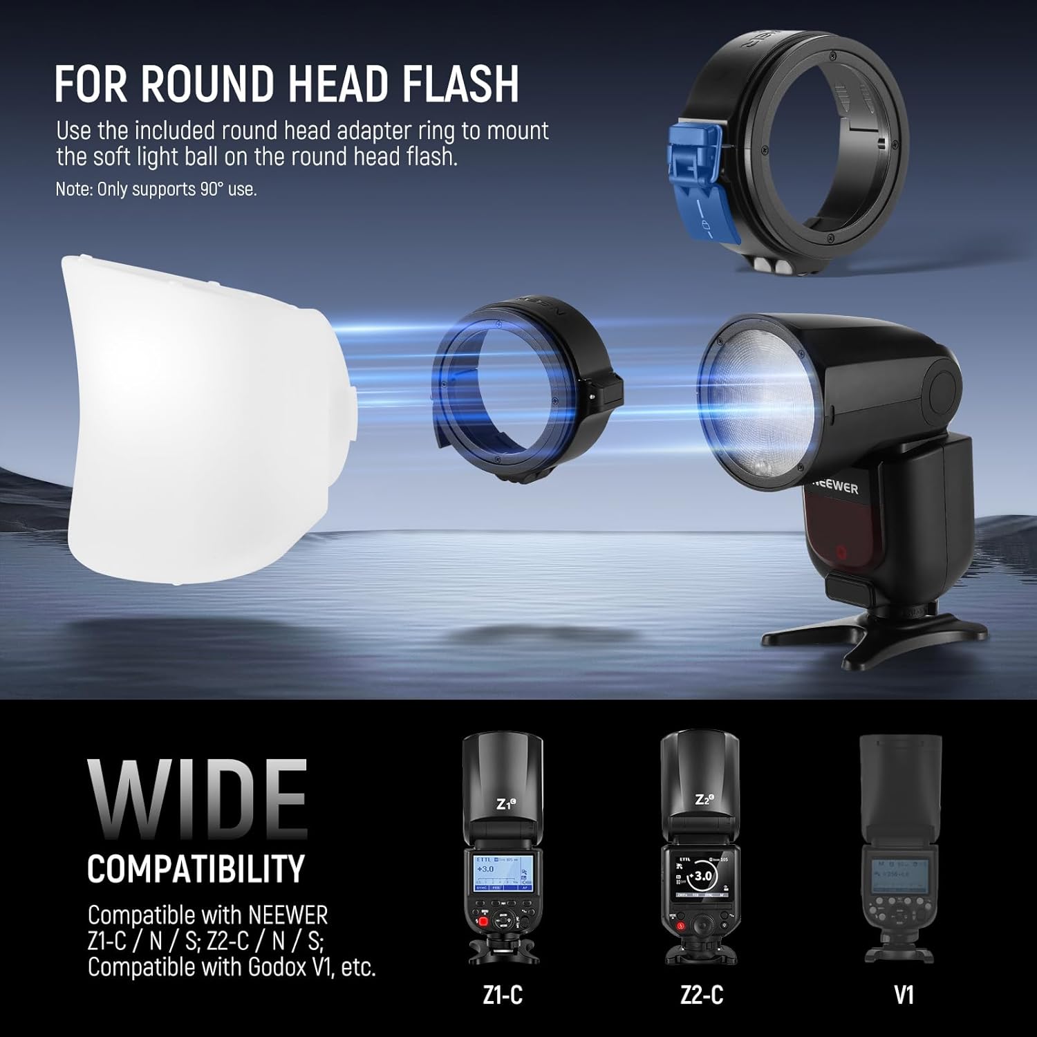 Neewer CRS7 Softbox Diffusion Dome with 3 Adapter Rings, Compatible with Godox V1 Z1 Z2 Round Head Flash and Square Speedlite Z760 and More, Mount for Video Light MS60B MS60C MS150B