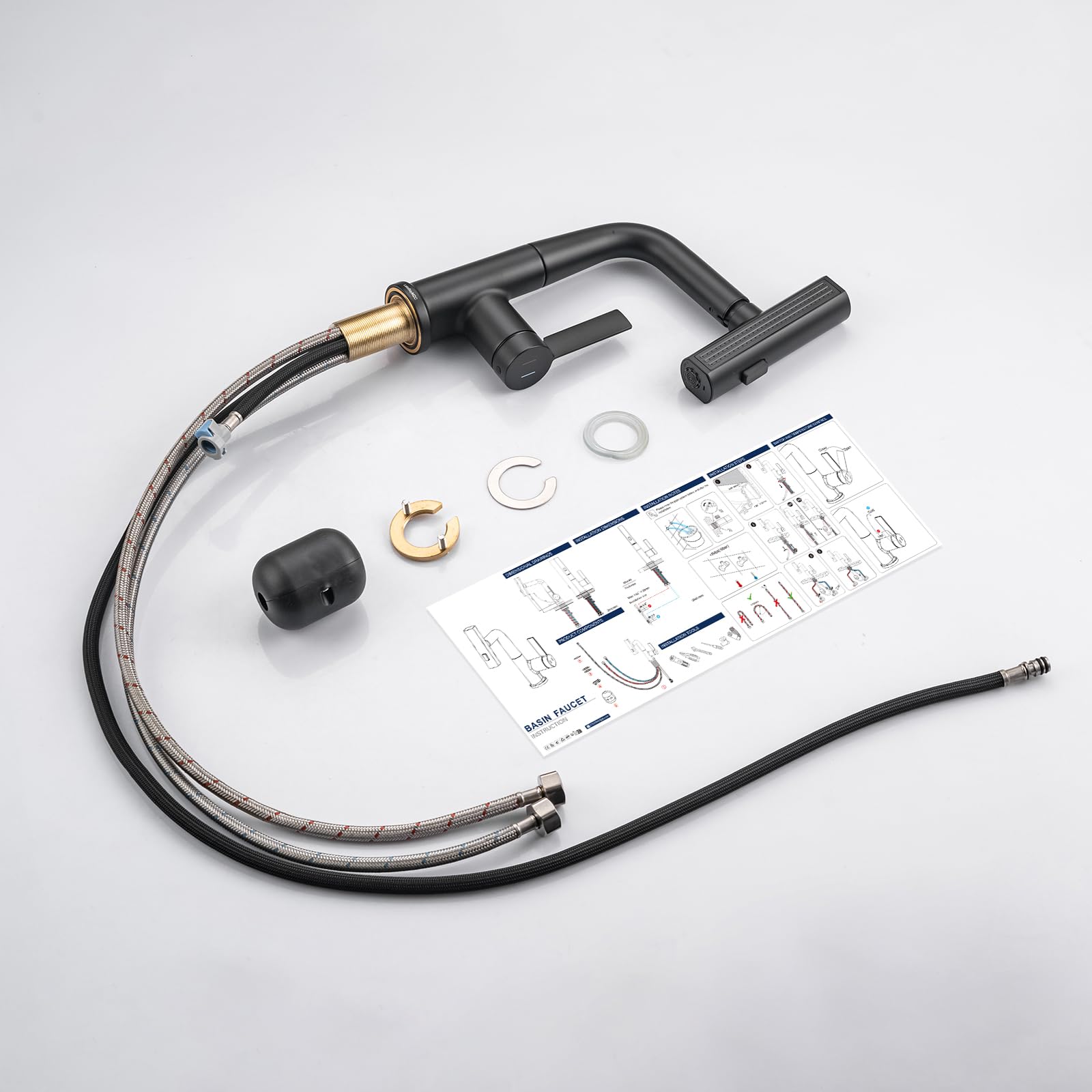 Rubinetto per Bagno Lavabo Nero Doccetta Estraibile con a 3 Modalità | Miscelatore Lavabo Estraibile LakeBayMZC,Rubinetti Monocomando Bagno con Doccetta,Aeratore Rimovibile,Senza Piombo, Nero