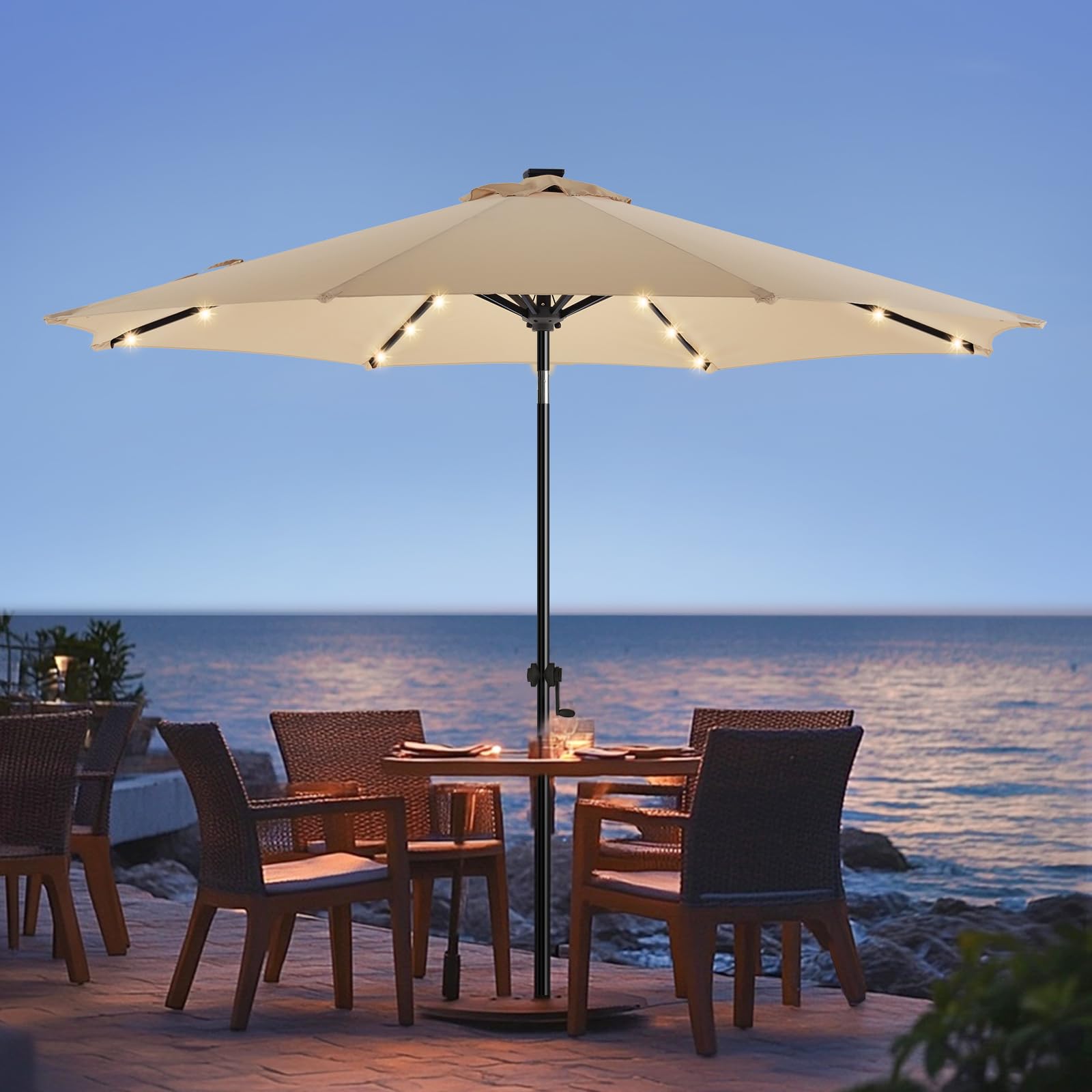wikiwiki 9ft Solar Led Patio Umbrella, Sturdy Outdoor Market Umbrella for Deck, Pool, Garden w/Tilt, Crank, 32 LED Lights, Beige