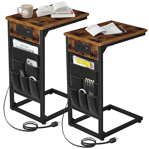 AMHANCIBLE C Shaped End Table with Charging Station, TV Tray
