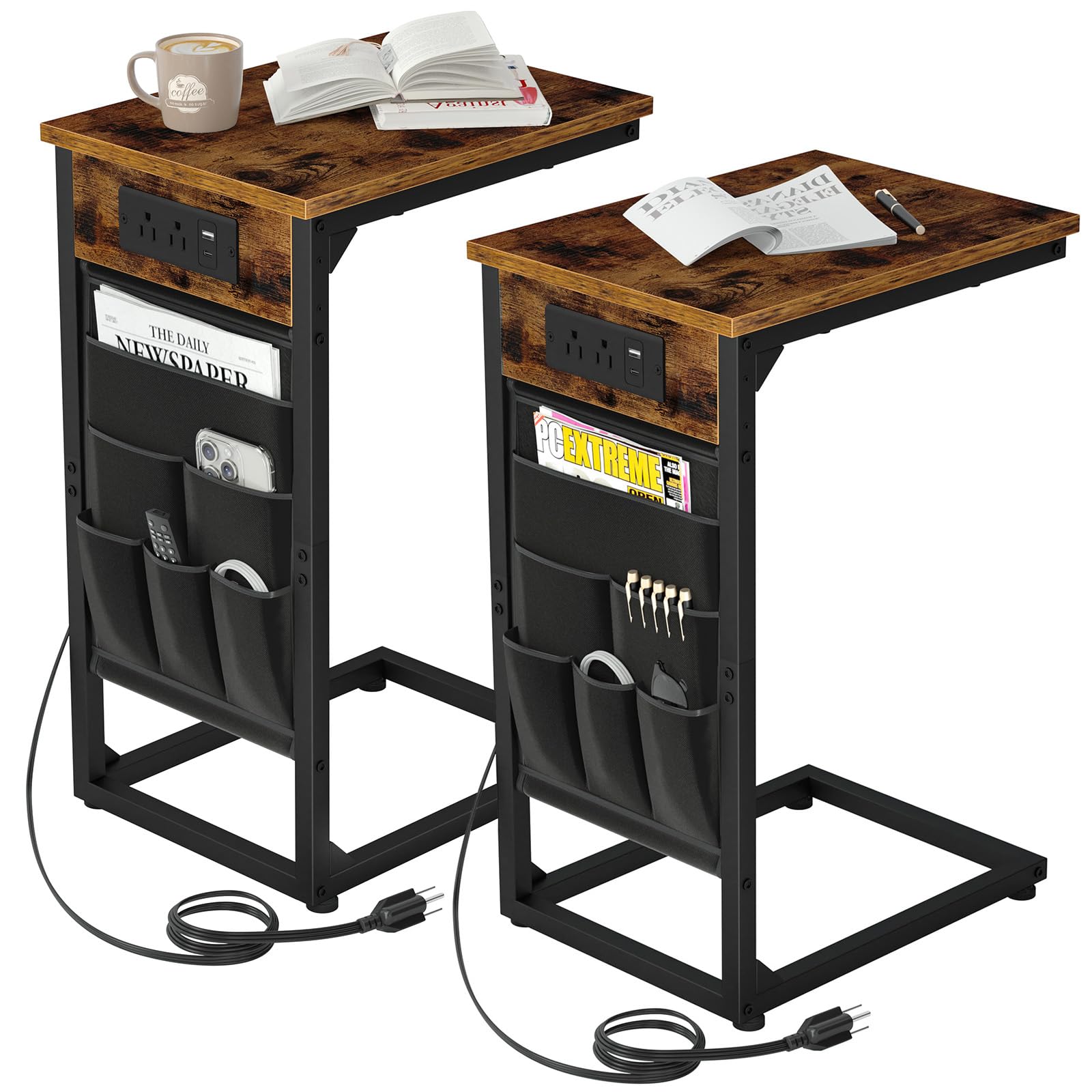 AMHANCIBLE C Shaped End Table with Charging Station, TV Tray Set of 2, Couch Tables with Storage Bag, Slide Under Sofa Side Table with USB Ports and Outlets for Living Room HET04CBR
