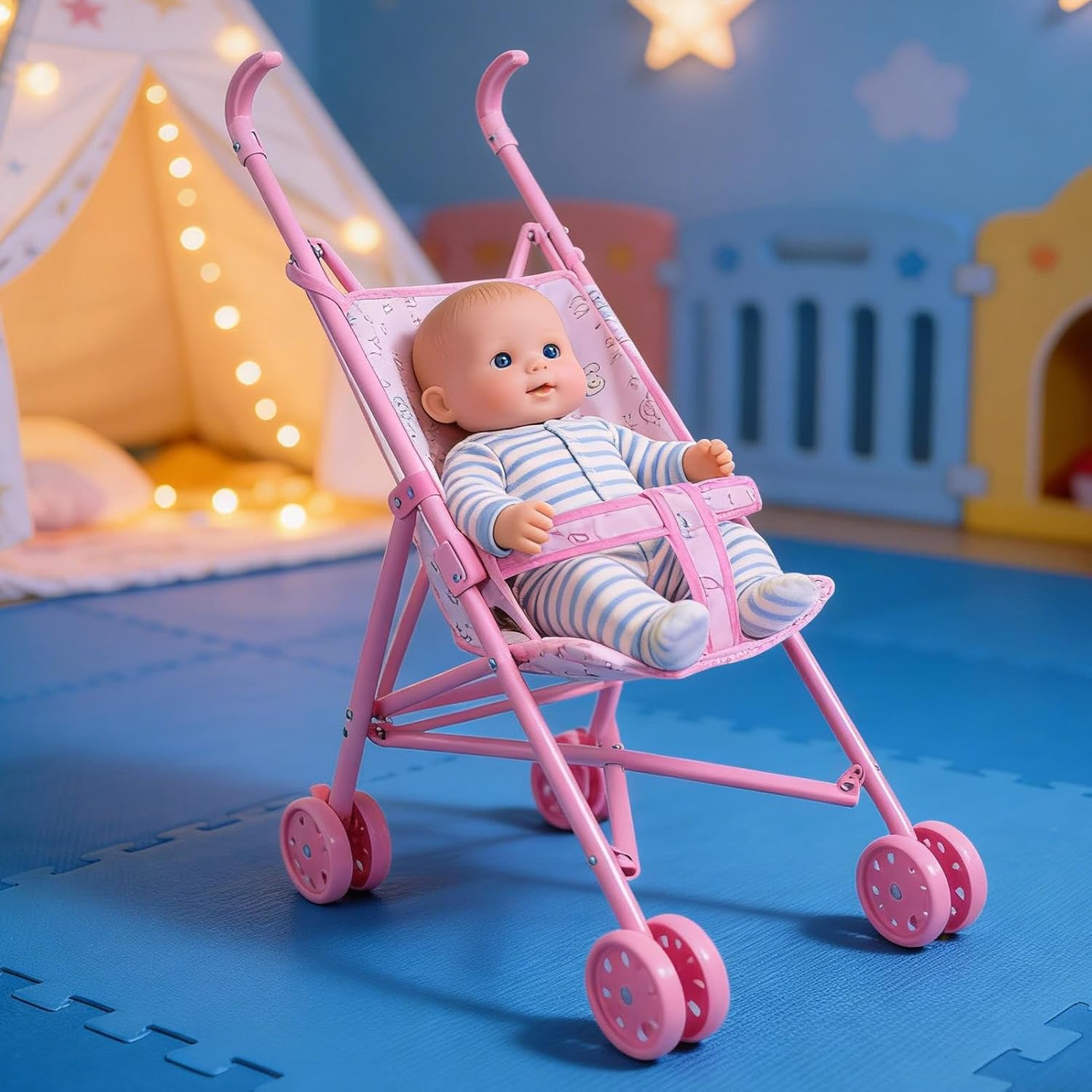 Pram for Dolls, Foldable Toy Pram for Role Play, Realistic Doll Pram for Role Play, for Children, Nursery, Nursery, Indoor, Home, Garden, Living Room, Preschool