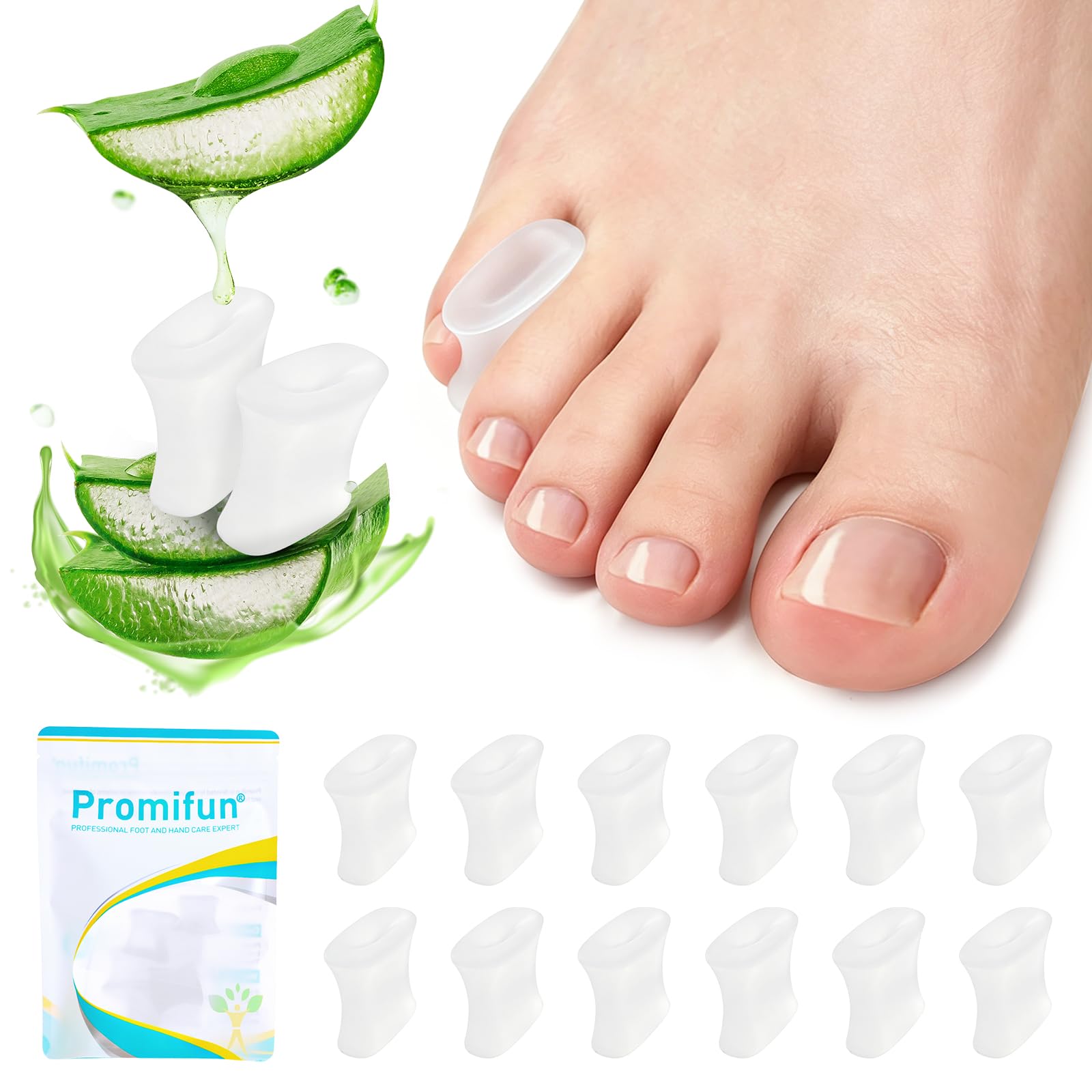 Promifun Upgraded Gel Toe Separators - 12 Pack Aloe Vera Extract Infused Silicone Toe Spacers for Straightening Overlapping Toes, Bunions, Calluses –