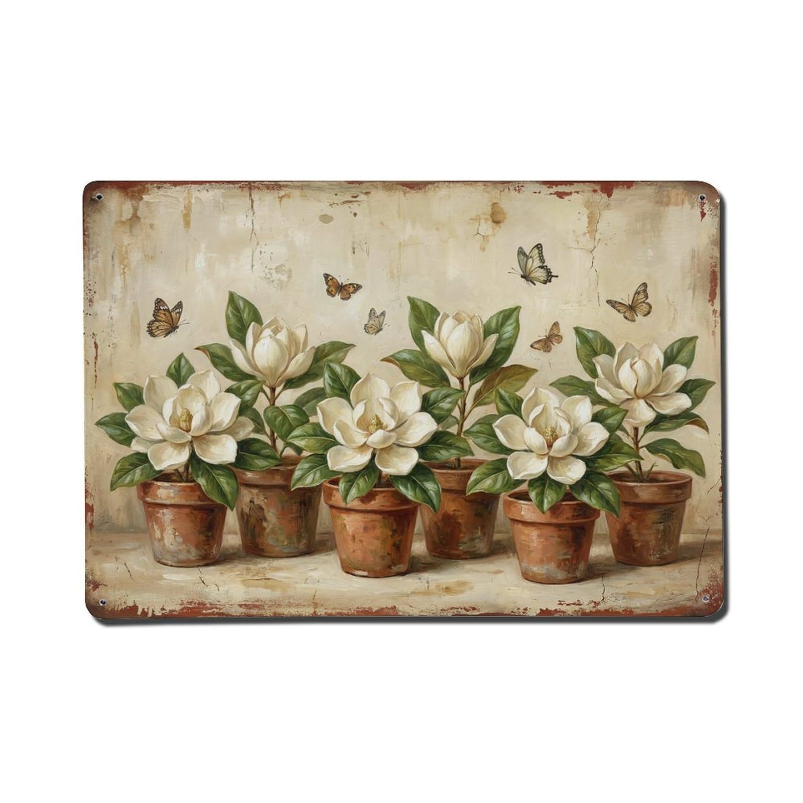 Vintage Rustic Flower Potted Plants Magnolia Metal Tin Sign