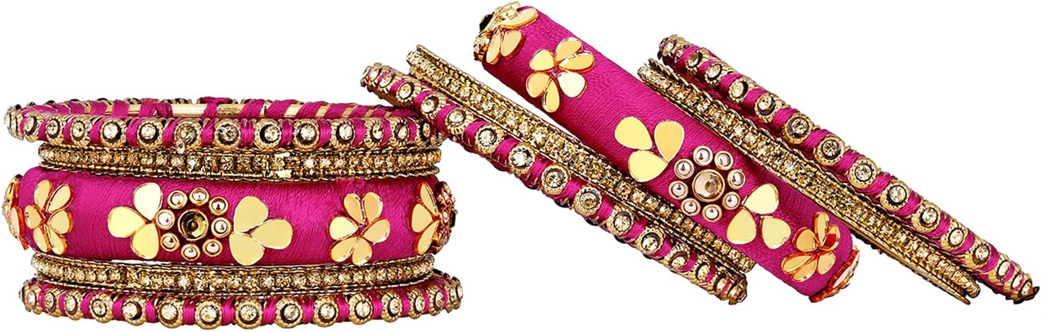 Aheli Synthetic Stone Studded 2.6 Inch Green Silk Thread Bangles Set Ethnic Fashion Jewellery Gift for Women