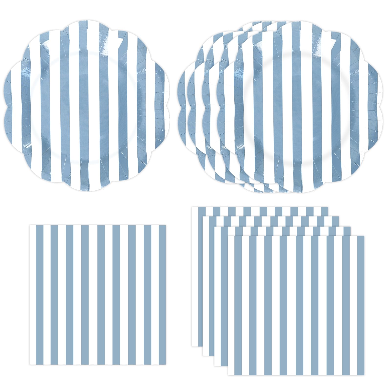 50PCS Blue and White Striped Paper Plates and Napkins Party Supplies, Scalloped Party Plates Serviettes Tableware Set for Picnic Happy Birthday Wedding Decoration (Blue)