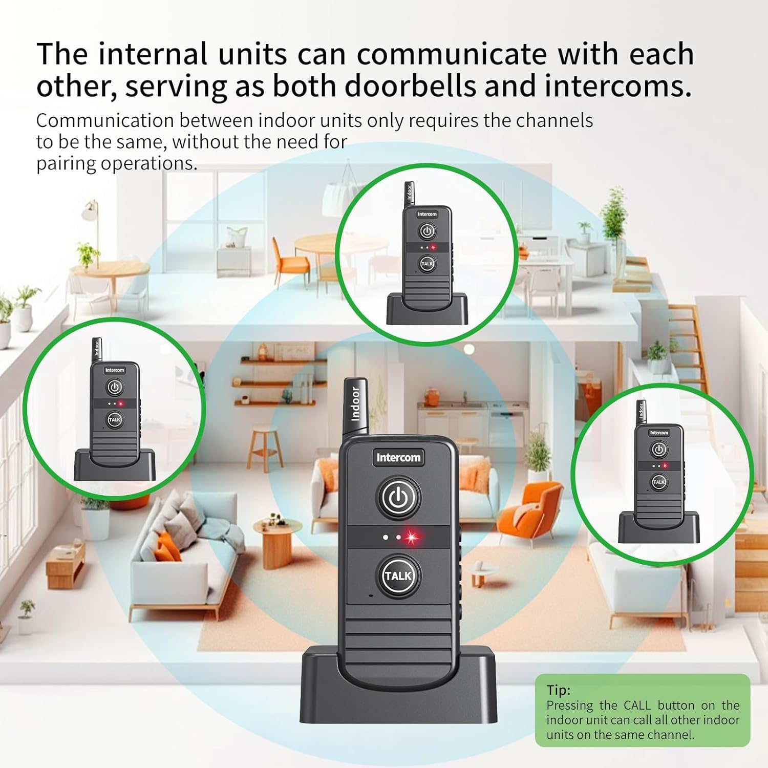 Timbre inalámbrico, intercomunicadores inalámbricos para el hogar, 1,493.5 m de largo alcance, sistema de intercomunicación inalámbrico con batería recargable, 3 niveles de volumen, 20 tonos