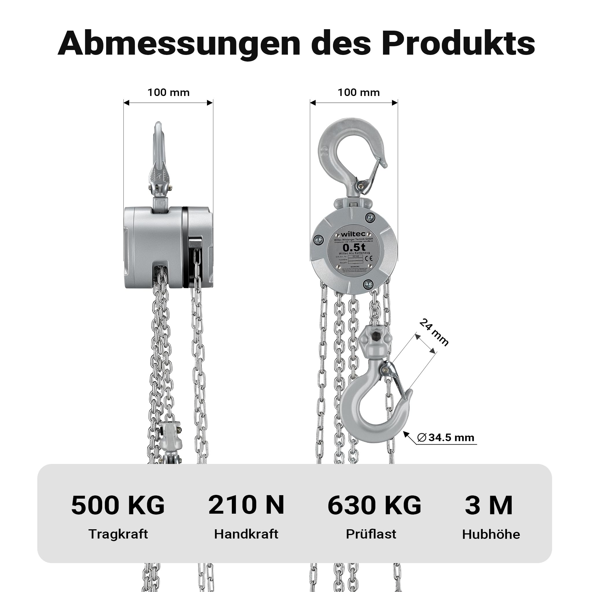 Wiltec Alu Kettenzug bis 500 kg, robuster Handkettenzug 3 m Hubhöhe, Tragmittel mit G100-Lastkette, Hebezeug manuell aus Aluminium, hochbelastbares Hebemittel
