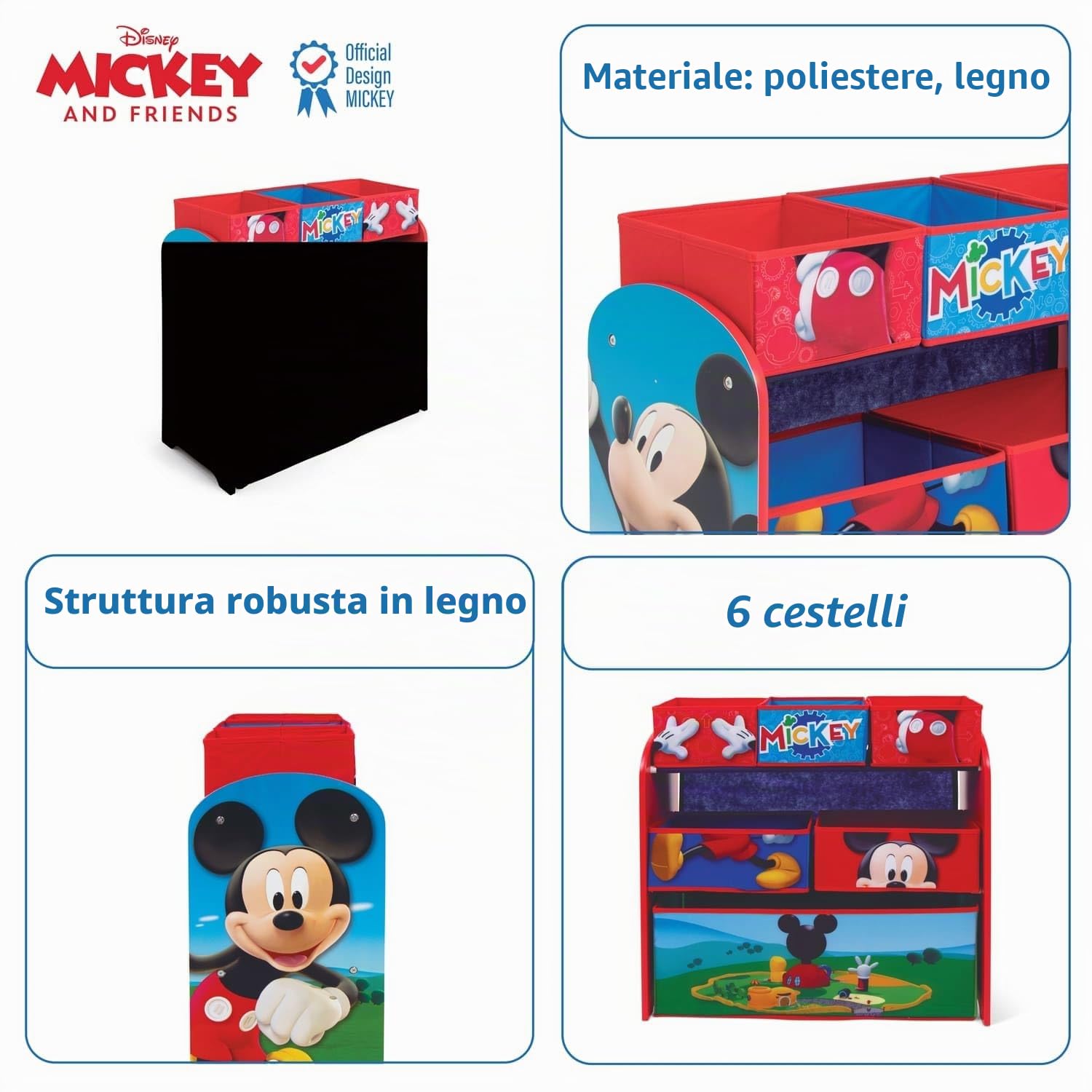 ARDITEX WD14007 Organizador de Madera (62x30x60cm) con 6 cestos Textiles de Almacenamiento de Disney-Mickey