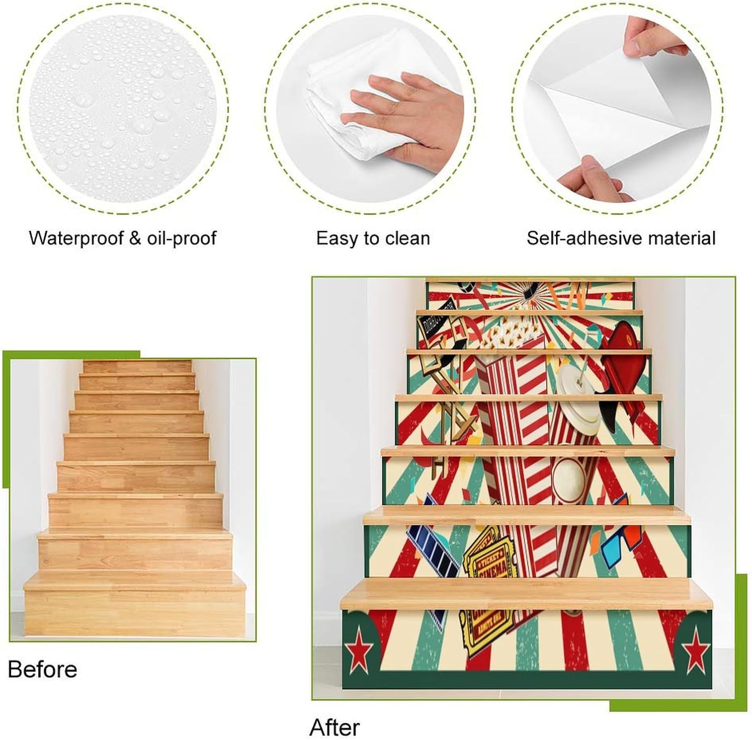 Vintage Movie Theater Stair Riser Stickers Abstract Vintage Colorful Film Production Accessories for Home Office Decor 1 Set(13 Pieces